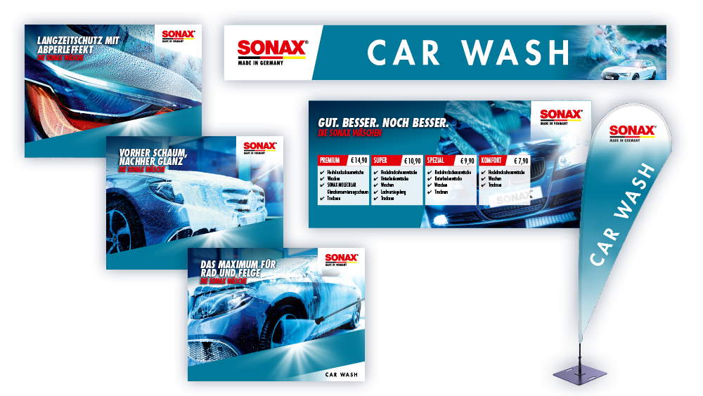 Anzeigetafeln, Aufsteller, Fahnen und Banner im SONAX Car Wash Design.