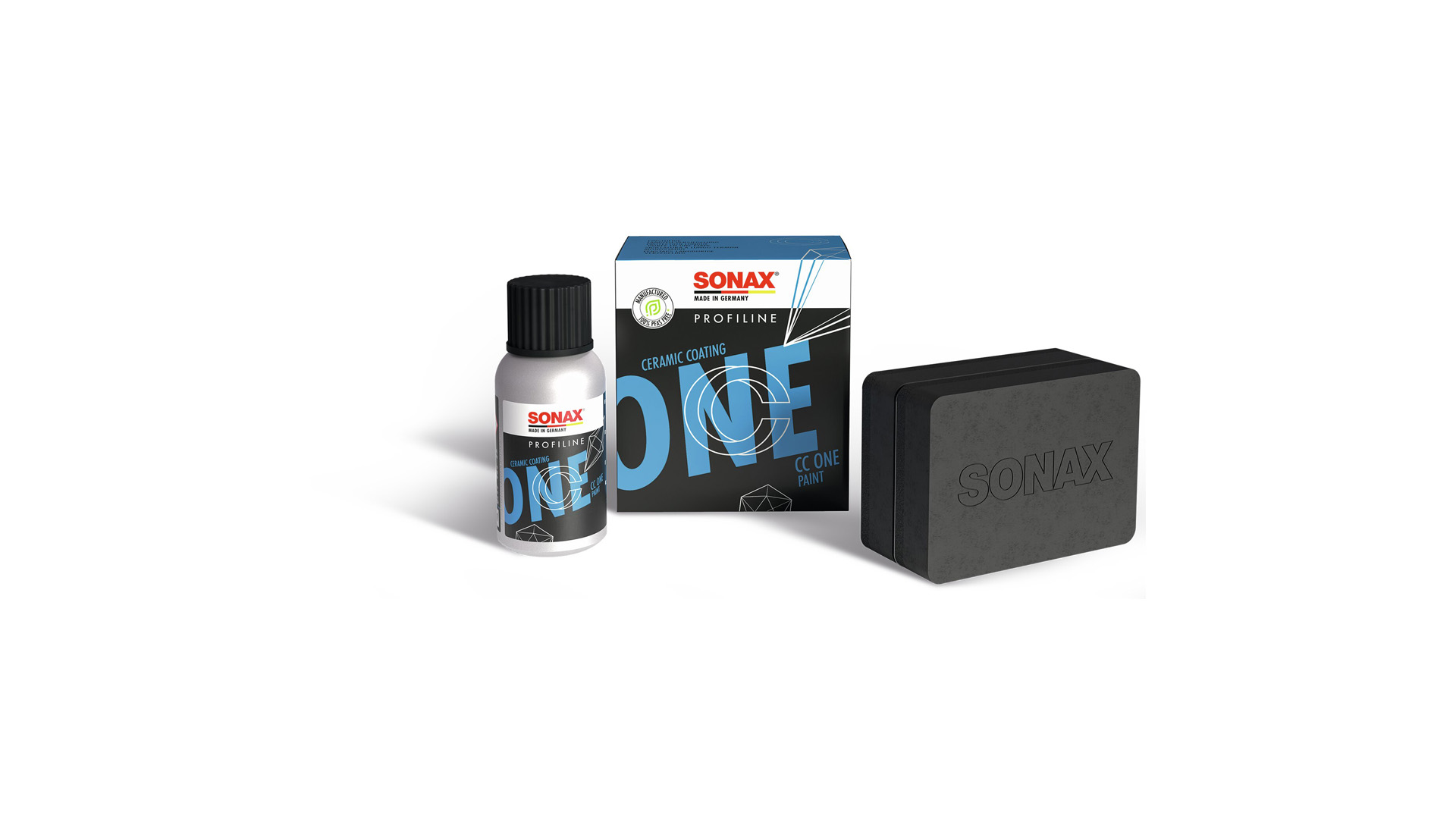 SONAX PROFILINE Ceramic Coating ONE Set vor weißem Hintergrund: kleine schwarze Flasche, schwarze Produktverpackung mit blau-weißem Etikett und schwarzer Applikationsschwamm mit SONAX-Schriftzug.