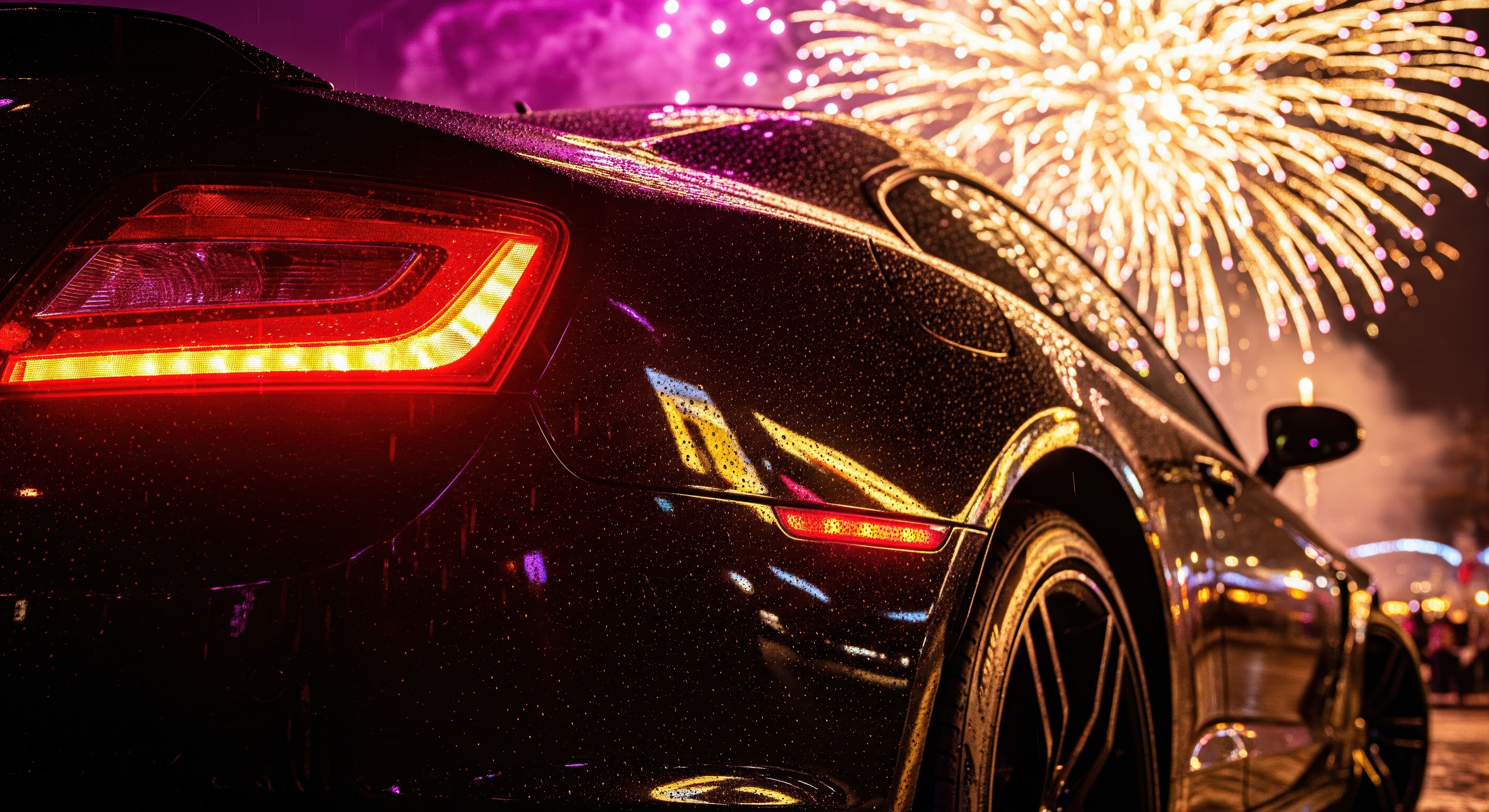 Im schwarzen Lack eines Autos spiegelt sich ein opulentes Silvesterfeuerwerk.