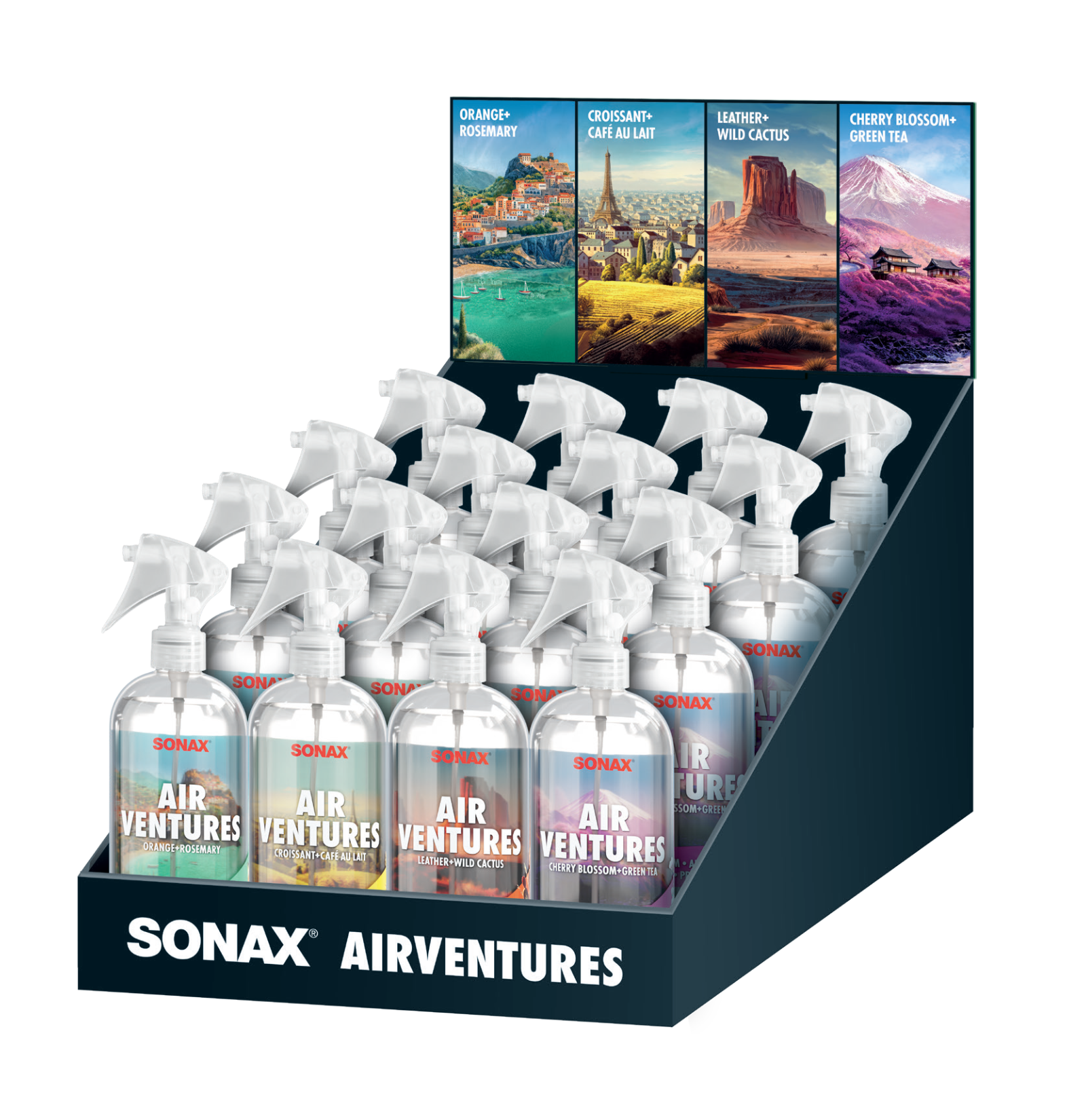Ein Thekendisplay mit den vier verschiedenen Duftrichtungen der Sonax AirVentures.