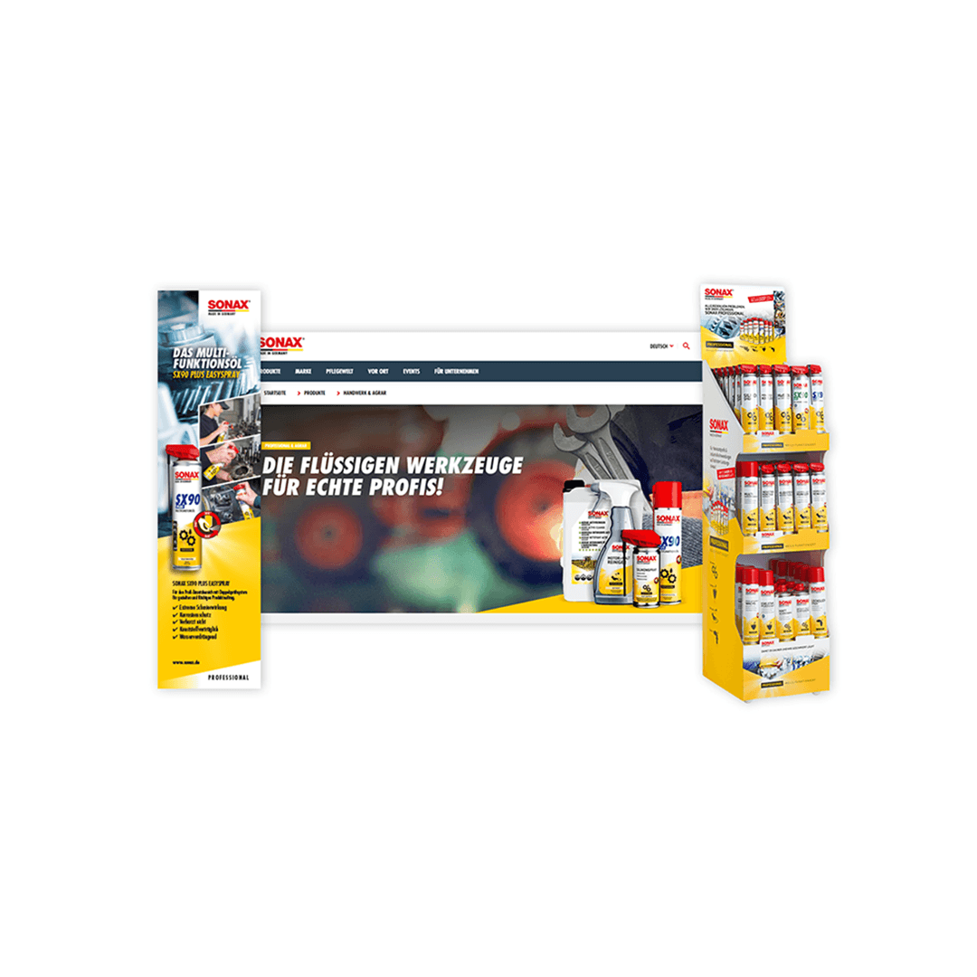 Display, Anzeigen, Instagram Posts und Landing Pages für die SONAX PROFESSIONAL Produkte.
