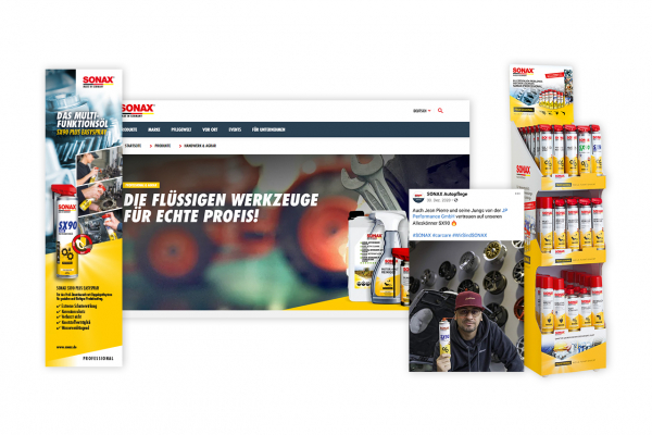 Display, Anzeigen, Instagram Posts und Landing Pages für die SONAX PROFESSIONAL Produkte.