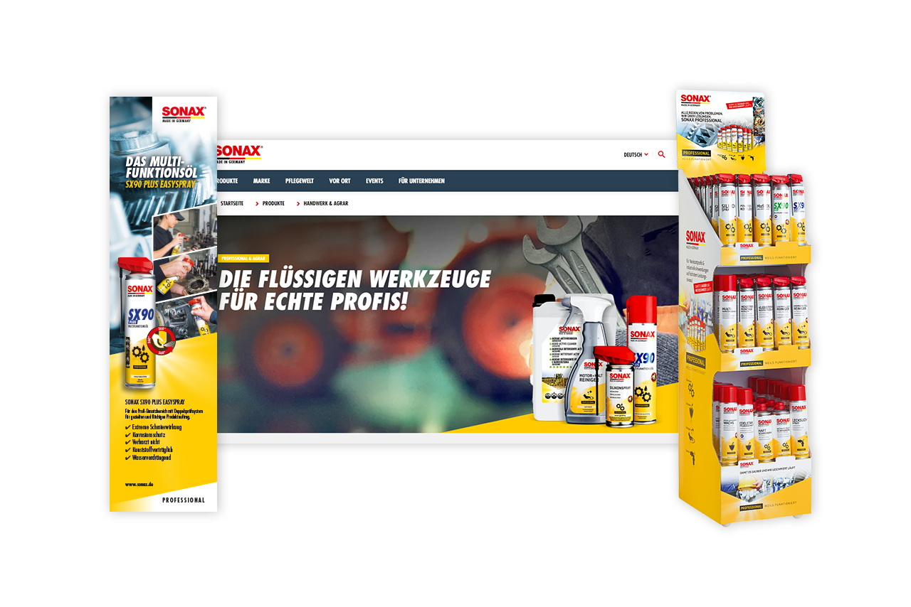 Display, Anzeigen, Instagram Posts und Landing Pages für die SONAX PROFESSIONAL Produkte.