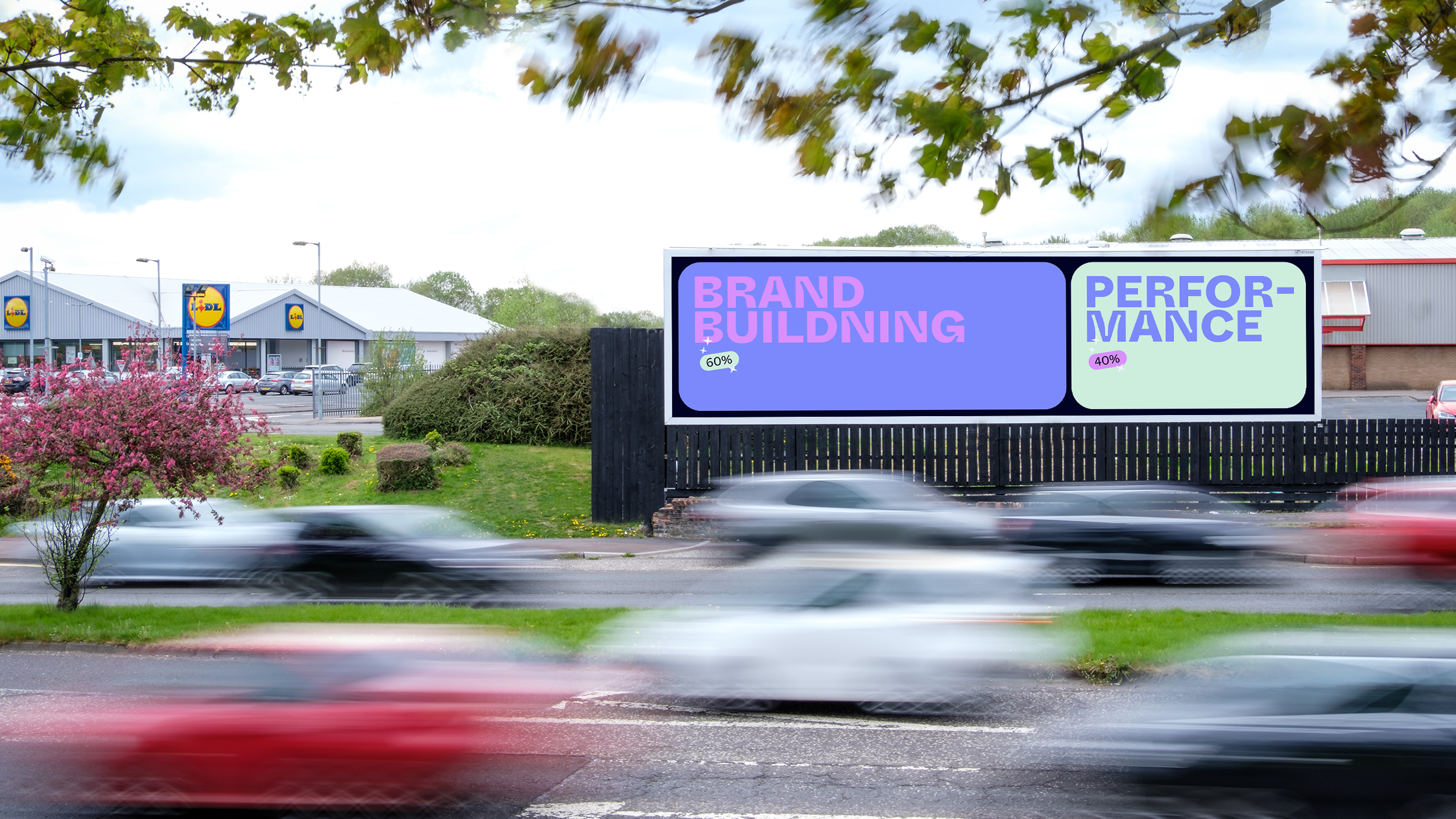 Billboard with the text brand building 60% and Performance 40%