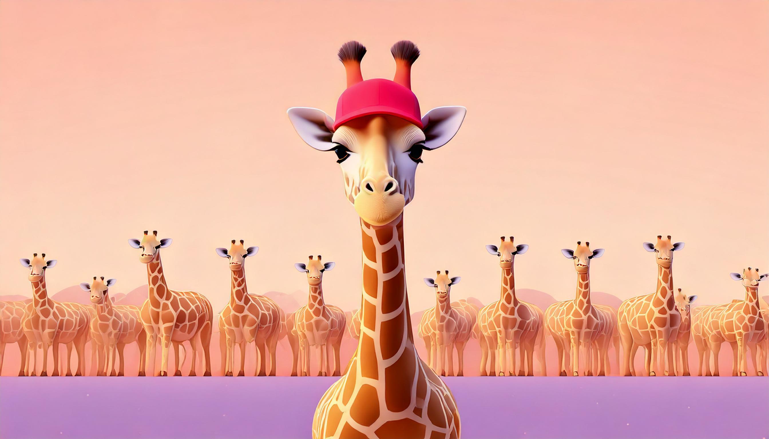 A group of giraffes and one in the front with a red cap.