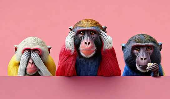 Three monkeys: one covering its eyes, one covering its ears, and one holding a piece of cheese next to its mouth.