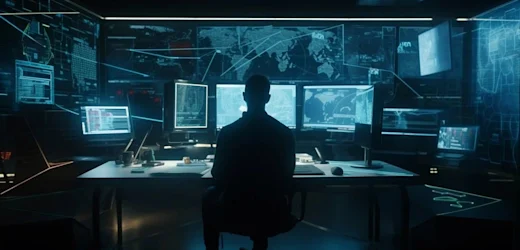 cybersecurity worker sits at desk at work monitoring security threats in operations and data centre and control room