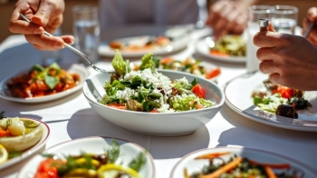 A table set with a bowl of salad in the middle of the table, with lots of plates around the bowl with food on the plates. 