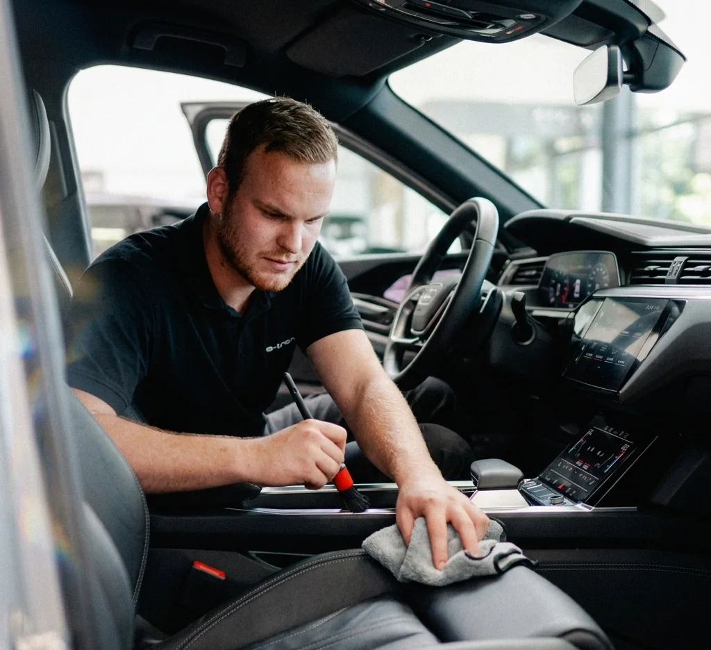 Ein Mitarbeiter führt eine professionelle Innenreinigung bei einem Fahrzeug durch. Mit einem feinen Pinsel reinigt er präzise die Mittelkonsole, während er mit einem Mikrofasertuch die dunklen Ledersitze abwischt. Das Cockpit wirkt modern und gepflegt.