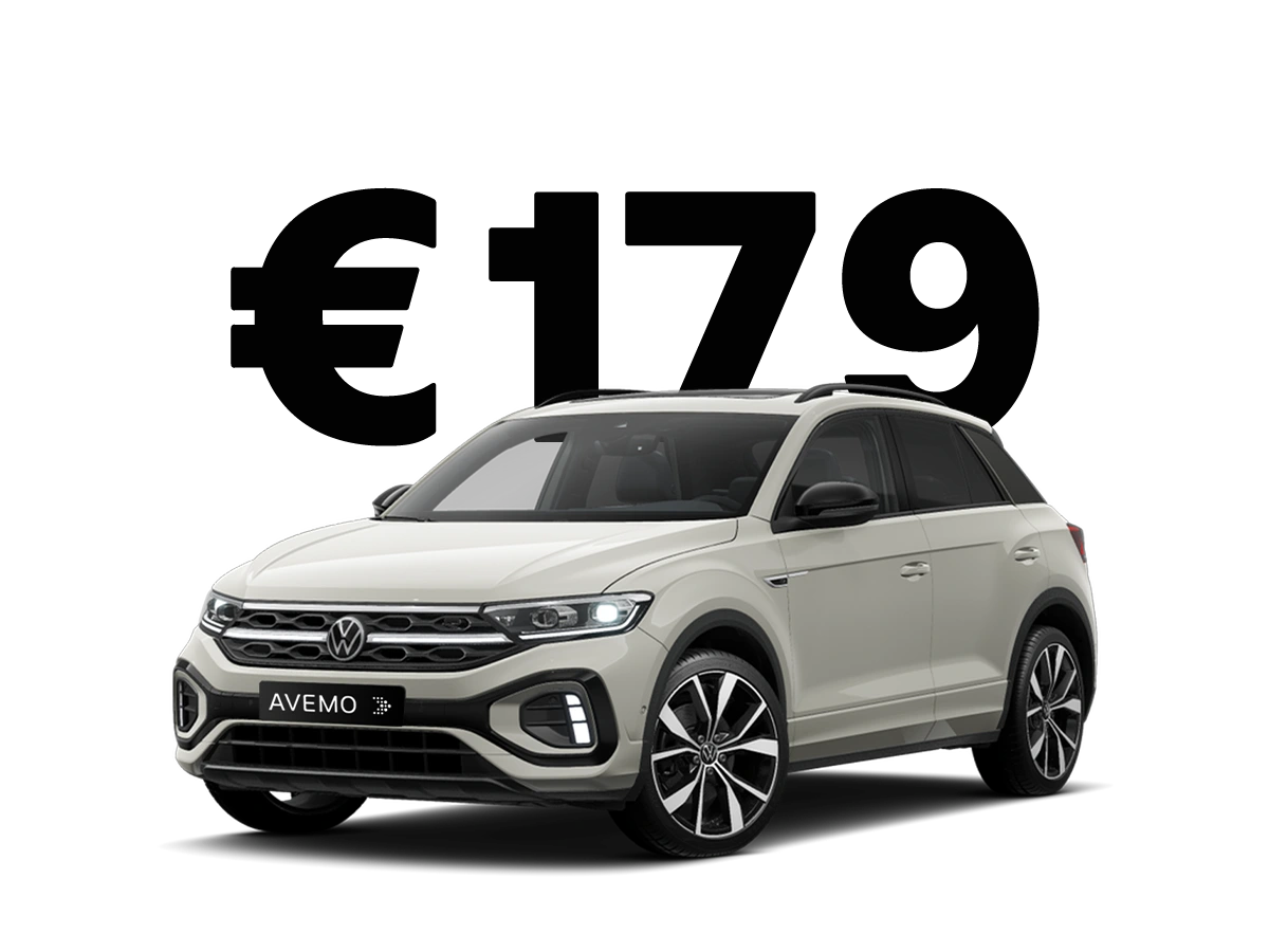 26-074 Volkswagen T-Roc Privat Eine Rendering-Grafik eines grauen Volkswagen T-Roc mit einer großen Leasingratenschrift im Hintergrund.