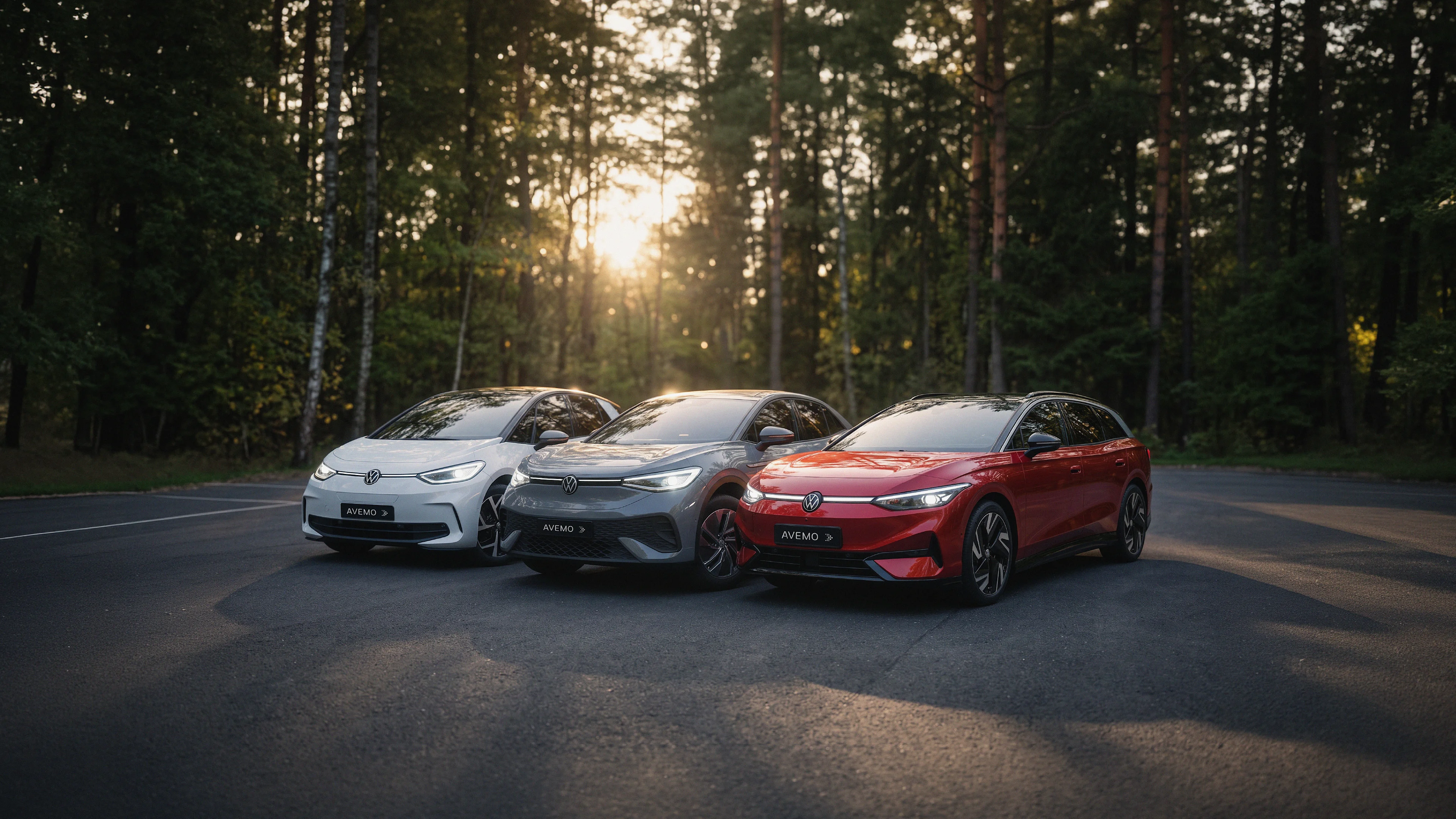 Drei Volkswagen ID.-Modelle (weiß, grau, rot) stehen nebeneinander auf einem Platz im Wald vor der Abendsonne. Alle Autos tragen das Nummernschild „AVEMO“.
