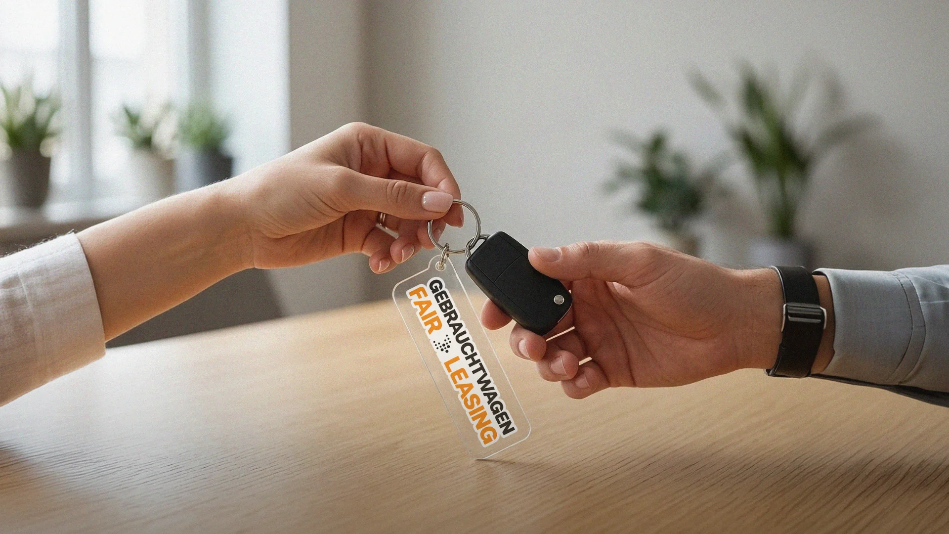 Eine Hand übergibt einer anderen Person einen Autoschlüssel über einem Holztisch. Am Schlüsselbund befindet sich ein transparentes Schild mit dem Aufdruck „Gebrauchtwagen FAIR Leasing“.
