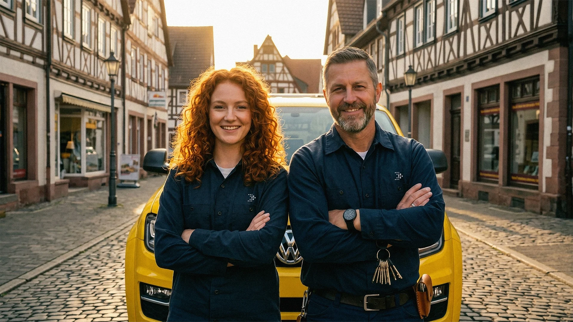 abschleppdienst-header Eine lächelnde Frau mit lockigem rotem Haar und ein Mann mit Bart stehen mit verschränkten Armen vor einem gelben VW-Servicefahrzeug. Sie tragen dunkelblaue Arbeitshemden mit Logo. Der Hintergrund zeigt eine gepflasterte Gasse mit Fachwerkhäusern.