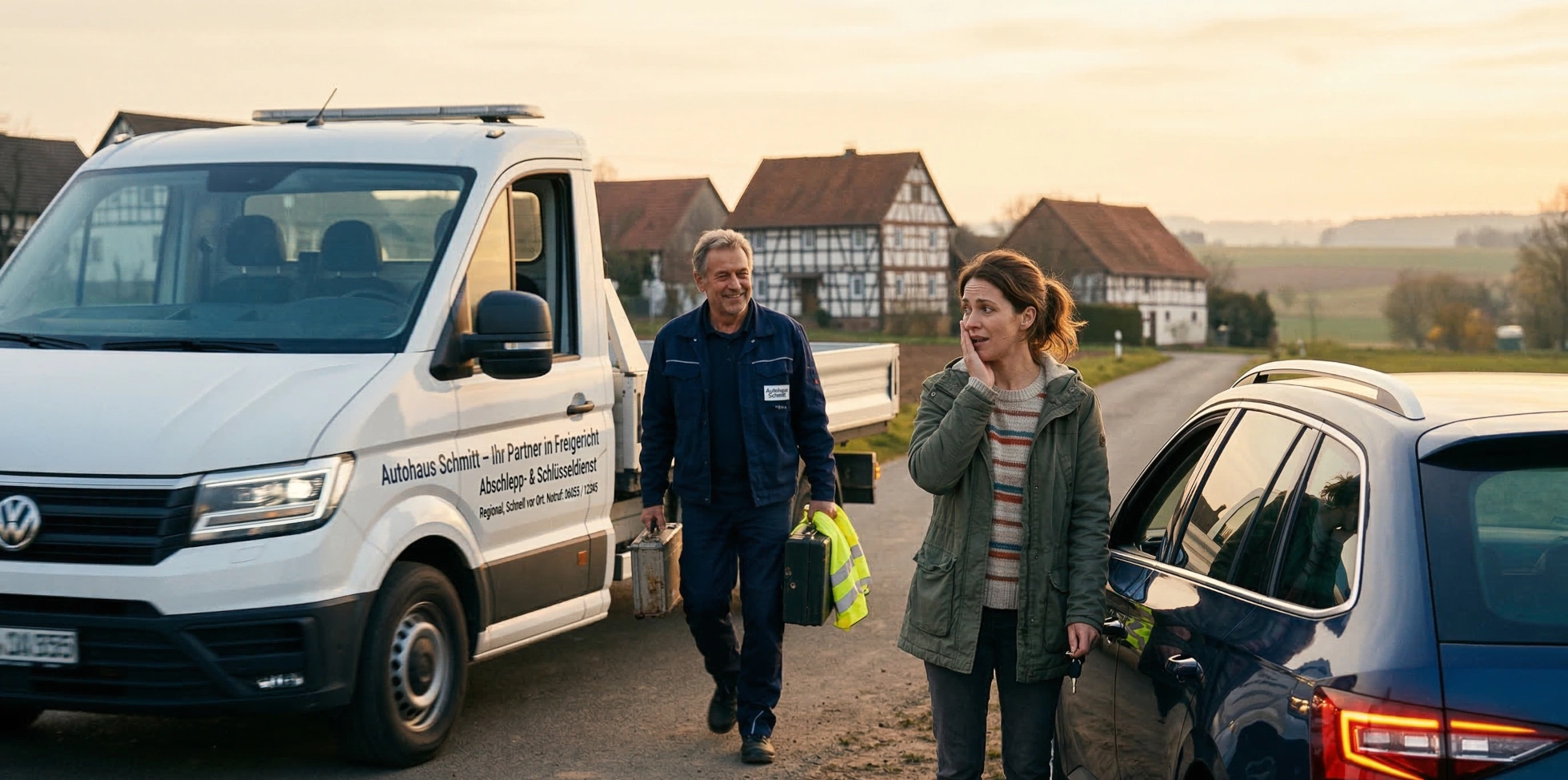 schmitt-schluessel-abschleppdienst-header Eine besorgte Frau steht neben ihrem blauen Škoda Superb an einer Landstraße, während ein lächelnder Mechaniker mit Werkzeugkoffern von einem weißen VW-Abschleppwagen des „Autohaus Schmitt“ auf sie zukommt. Im Hintergrund ist ein Dorf erkennbar.