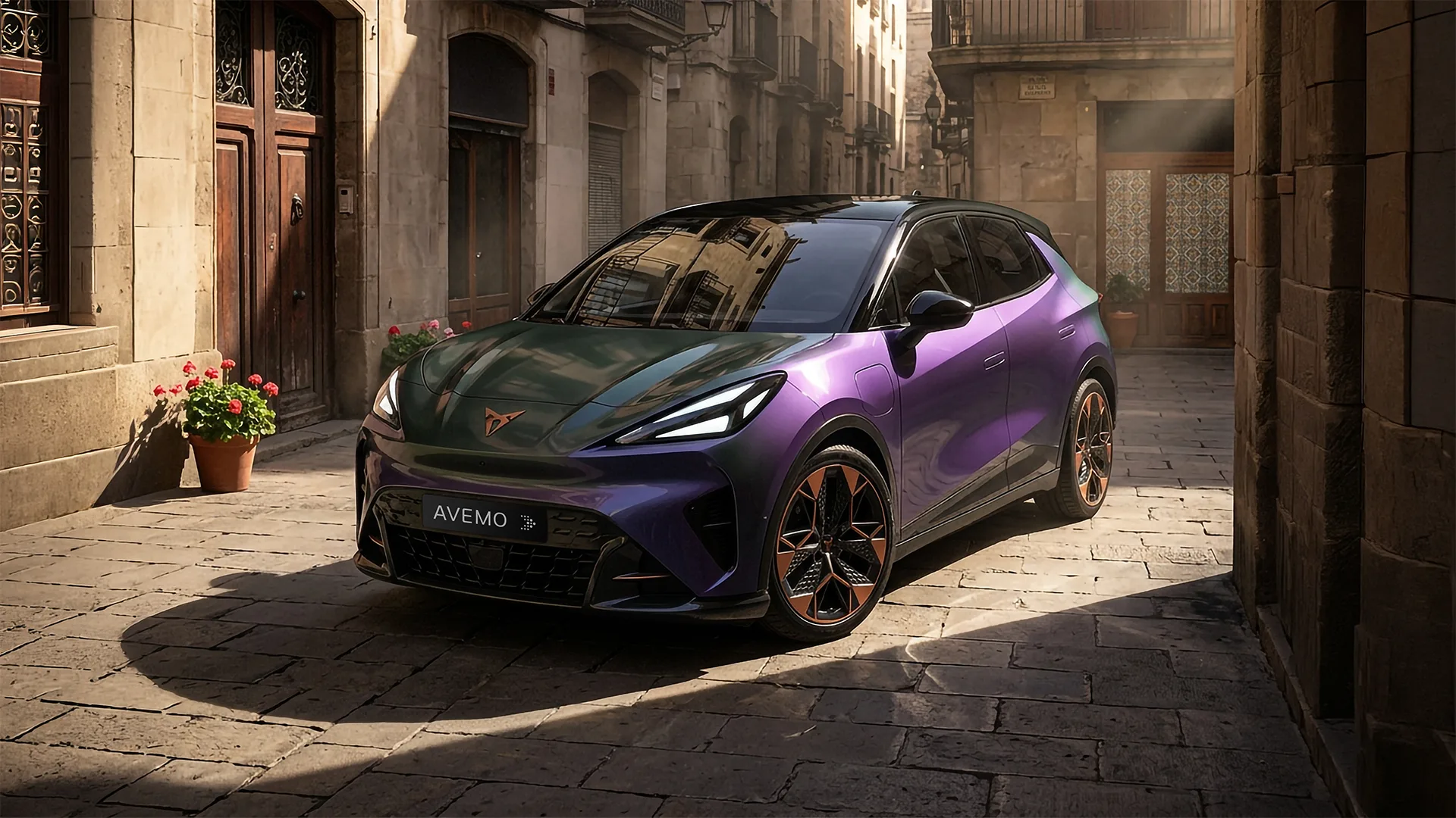 Ein Rendering eines CUPRA Raval auf dunkelgrauem Hintergrund. 