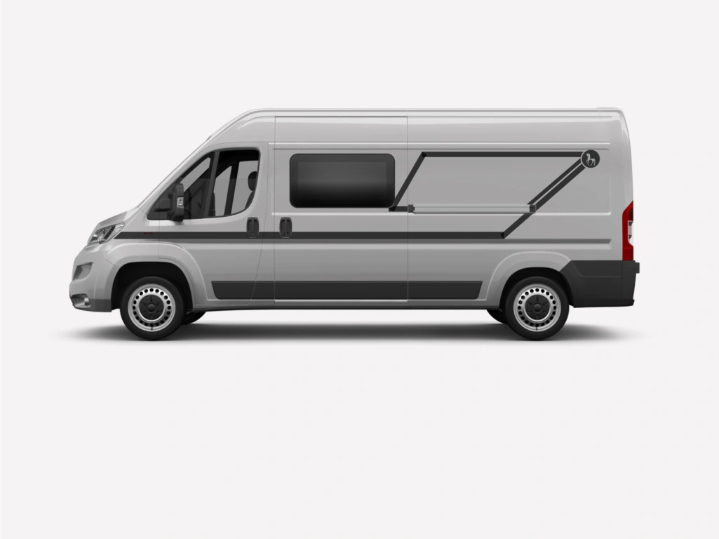 Eine Auto-Grafik auf hellgrauem Hintergrund, die die Fahrerseite eines Fahrzeug-Renderings zeigt.