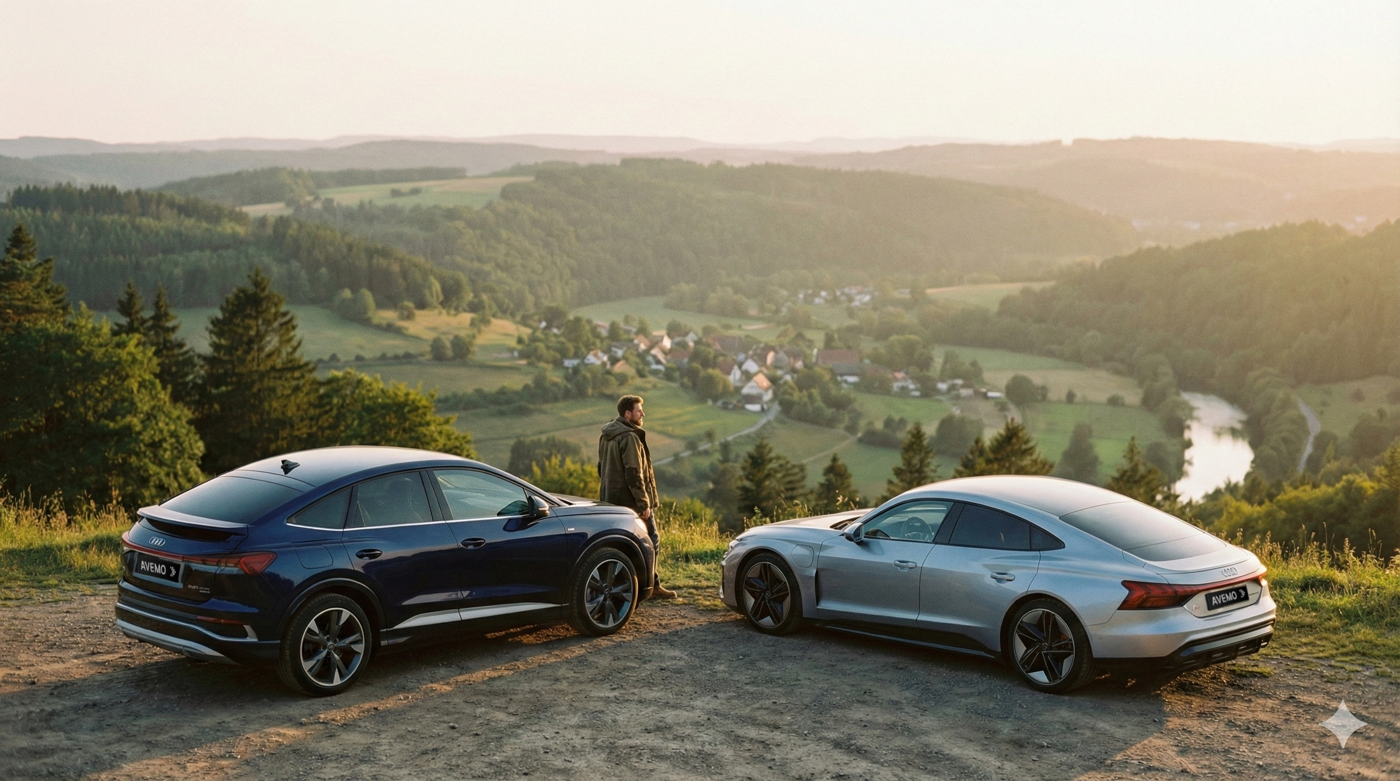 e-tron Sonderleasing Nordbayern Ein dunkelblauer Audi e-tron Sportback und ein silberner Audi e-tron GT mit AVEMO-Kennzeichen auf einer Anhöhe. Ein Mann blickt zwischen den Autos auf eine weite Hügellandschaft mit einem Dorf im warmen Abendlicht Nordbayerns.
