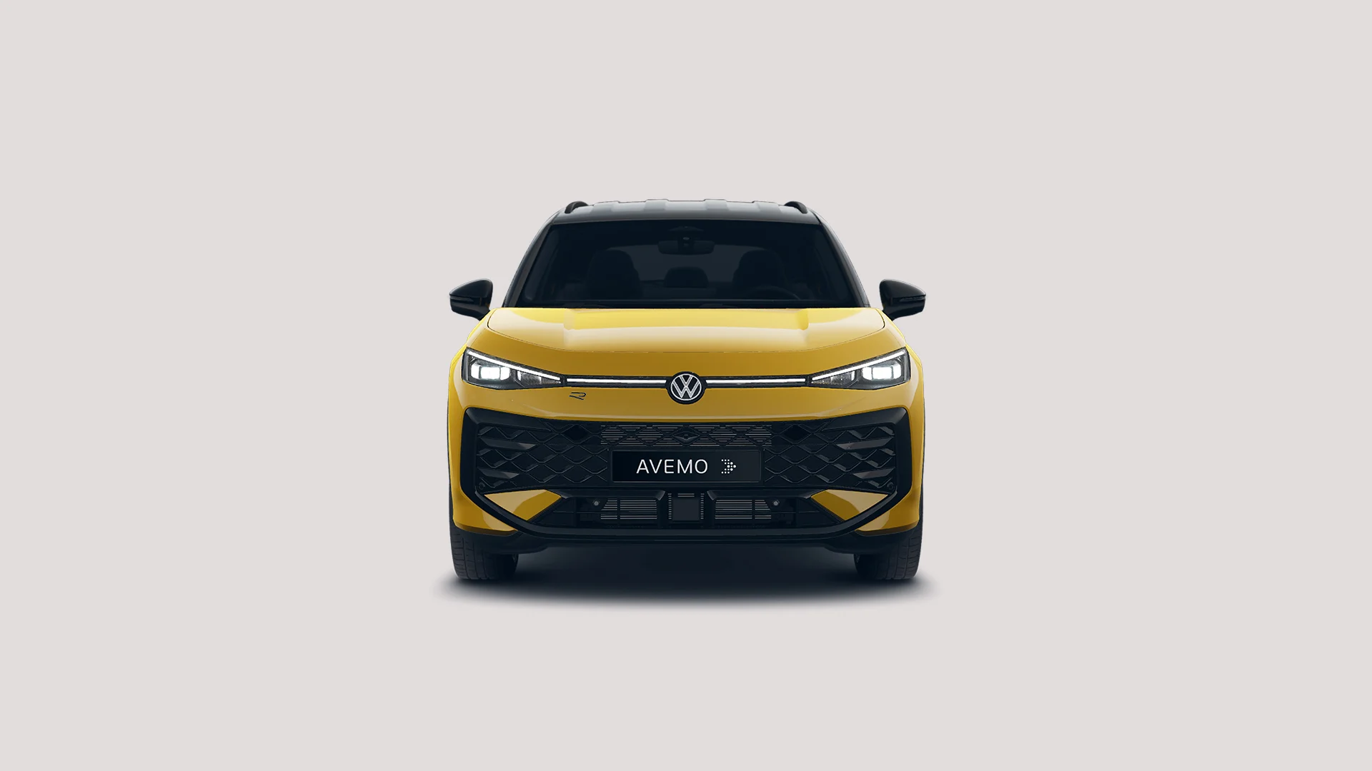 Eine Grafik, die eine Frontansicht eines Volkswagen T-Roc auf einem hellgrauen Hintergrund zeigt.