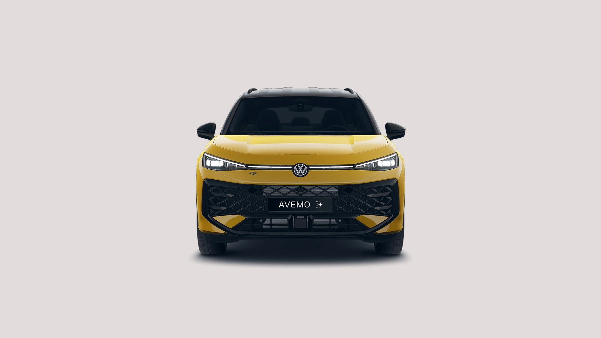 Eine Grafik, die eine Frontansicht eines Volkswagen T-Roc auf einem hellgrauen Hintergrund zeigt.