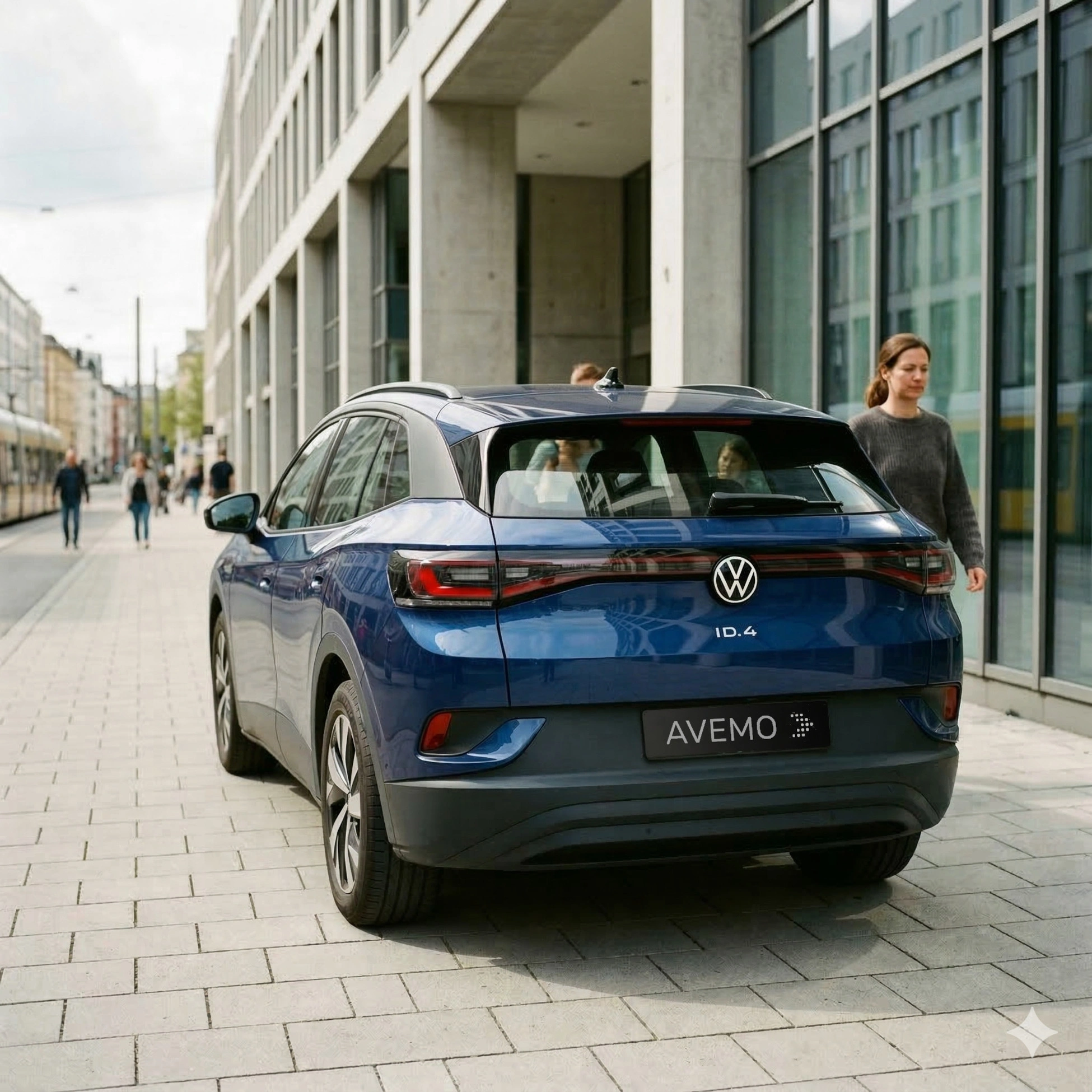 id4-heckansicht-1950x1950px Rückansicht eines blauen Volkswagen ID.4 mit AVEMO-Kennzeichen, geparkt auf einem gepflasterten Gehweg vor einem modernen Bürogebäude mit Glasfassade. Passanten und eine angedeutete Straßenbahn im Hintergrund unterstreichen die urbane Szene.