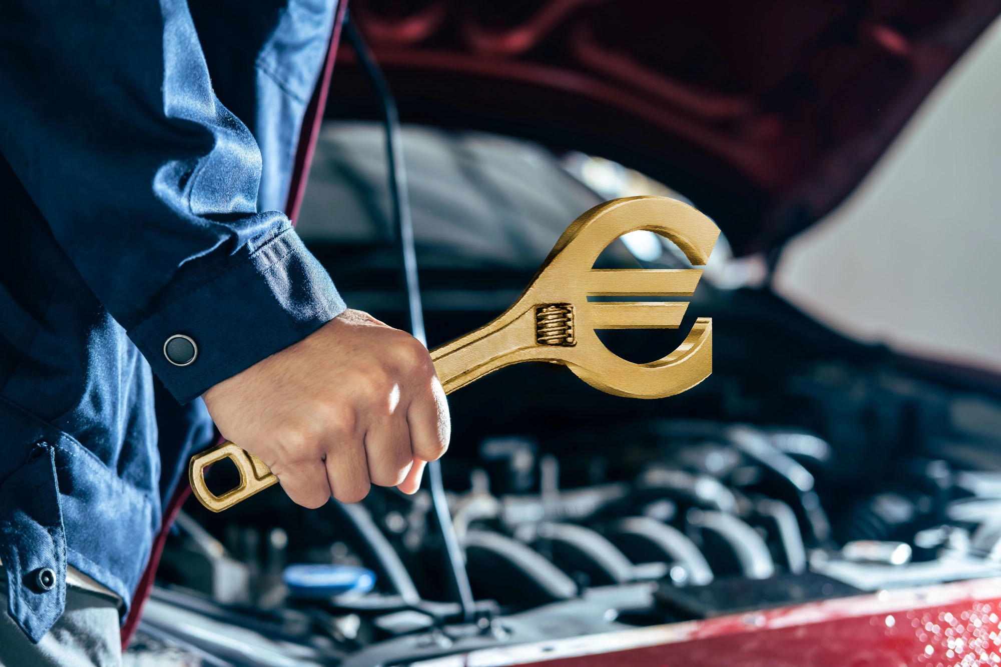 Eine Hand in blauer Arbeitskleidung hält einen goldenen Schraubenschlüssel, dessen Kopf als Euro-Symbol geformt ist. Im Hintergrund ist ein unscharfer Motorraum erkennbar. Das Motiv symbolisiert Kosteneinsparungen bei der Fahrzeugreparatur.