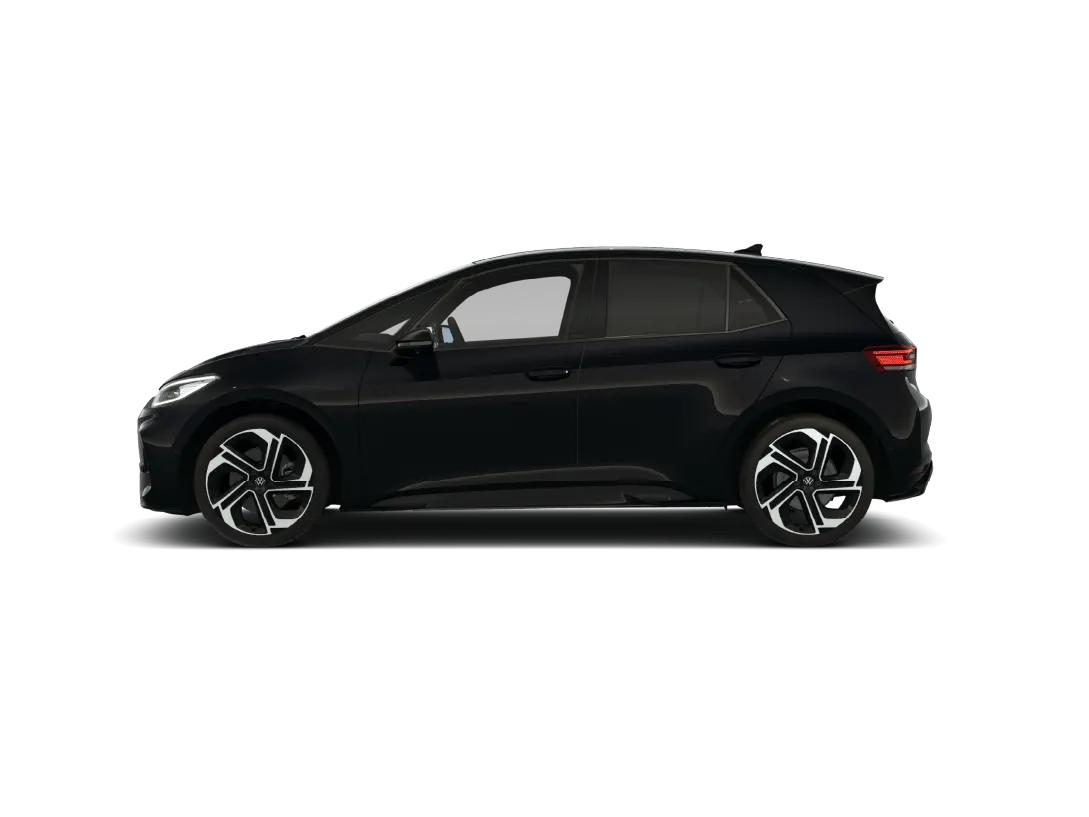 Seitenansicht eines schwarzen VW ID.3 GTX auf weißem Hintergrund. Das Elektroauto ist im Profil dargestellt und hebt sich durch seine glänzende Lackierung sowie die markanten, zweifarbigen Leichtmetallfelgen im Wirbel-Design ab.