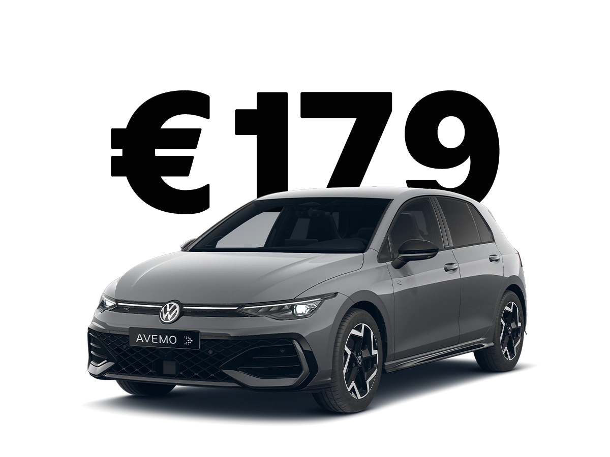 26-074 Volkswagen Golf Privat Eine Rendering-Grafik eines grauen Volkswagen Golf mit einer großen Leasingratenschrift im Hintergrund.