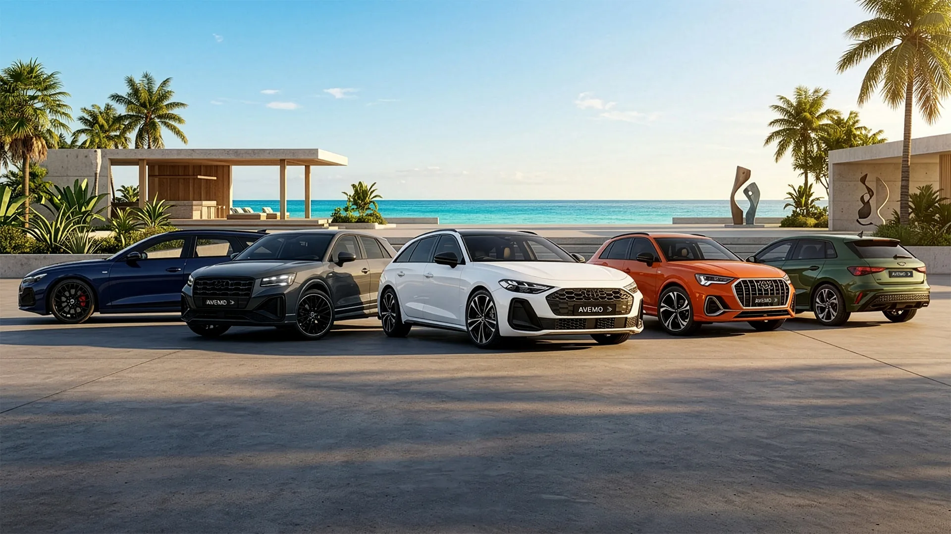 5 verschiedene Audi Modelle in sommerlicher Kulisse mit Palmen und Meer. 