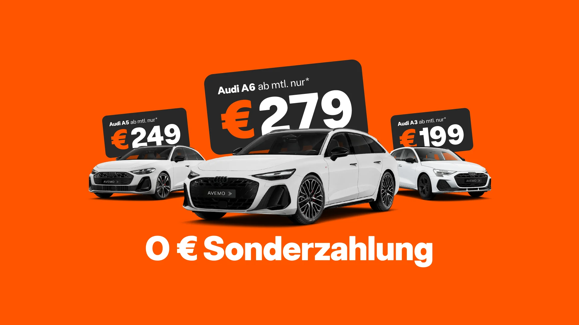 Drei weiße Audi-Modelle vor orangefarbenem Hintergrund mit Leasingangeboten ohne Sonderzahlung: Audi A5 ab 269 € mtl., Audi A6 ab 299 € mtl. und Audi A3 ab 222 € mtl. (Länge: 167 Zeichen)