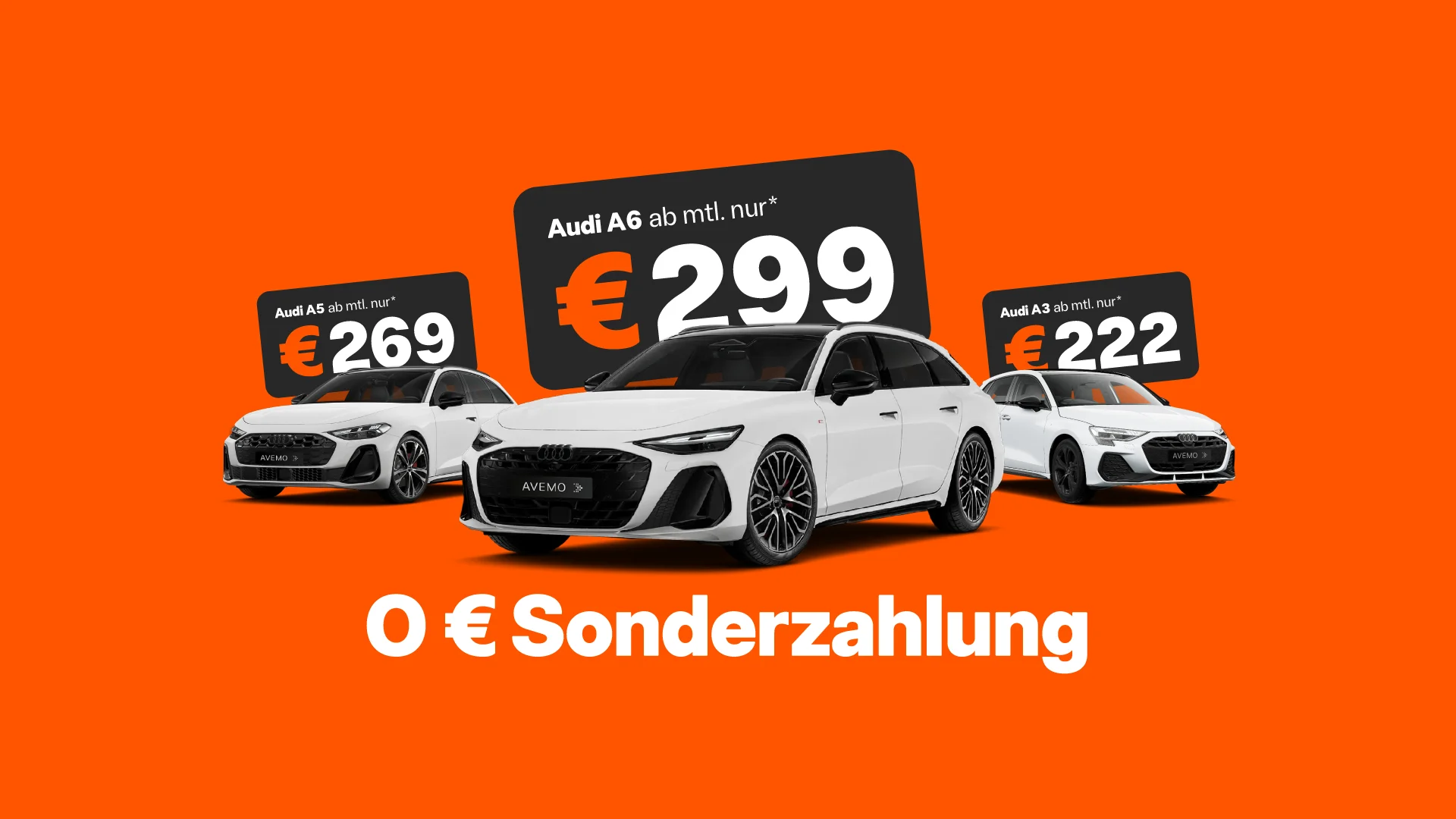 Drei weiße Audi-Modelle vor orangefarbenem Hintergrund mit Leasingangeboten ohne Sonderzahlung: Audi A5 ab 269 € mtl., Audi A6 ab 299 € mtl. und Audi A3 ab 222 € mtl. (Länge: 167 Zeichen)