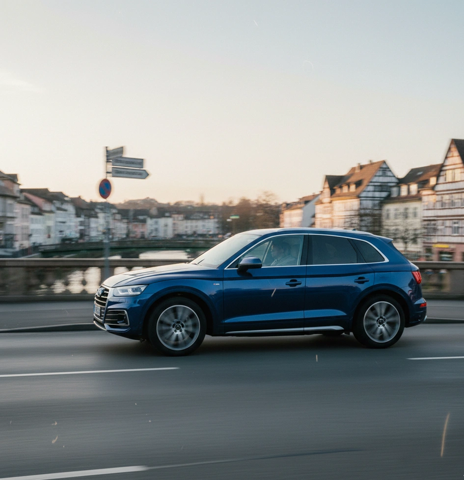 Ein kompakter Skoda SUV mit einer bunten Folierung aus farbenfrohen, 3D-ähnlichen Kugeln fährt auf einer Straße am Wasser. Im Hintergrund ist eine markante Brückenkonstruktion zu sehen. Das Fahrzeug trägt ein AVEMO-Kennzeichen.
