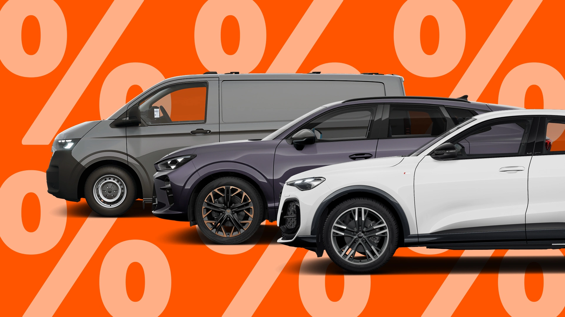 Eine Grafik, die drei Fahrzeuge in der Seitenansicht auf einem orangefarbenen Hintergrund mit Prozentzeichen zeigt.