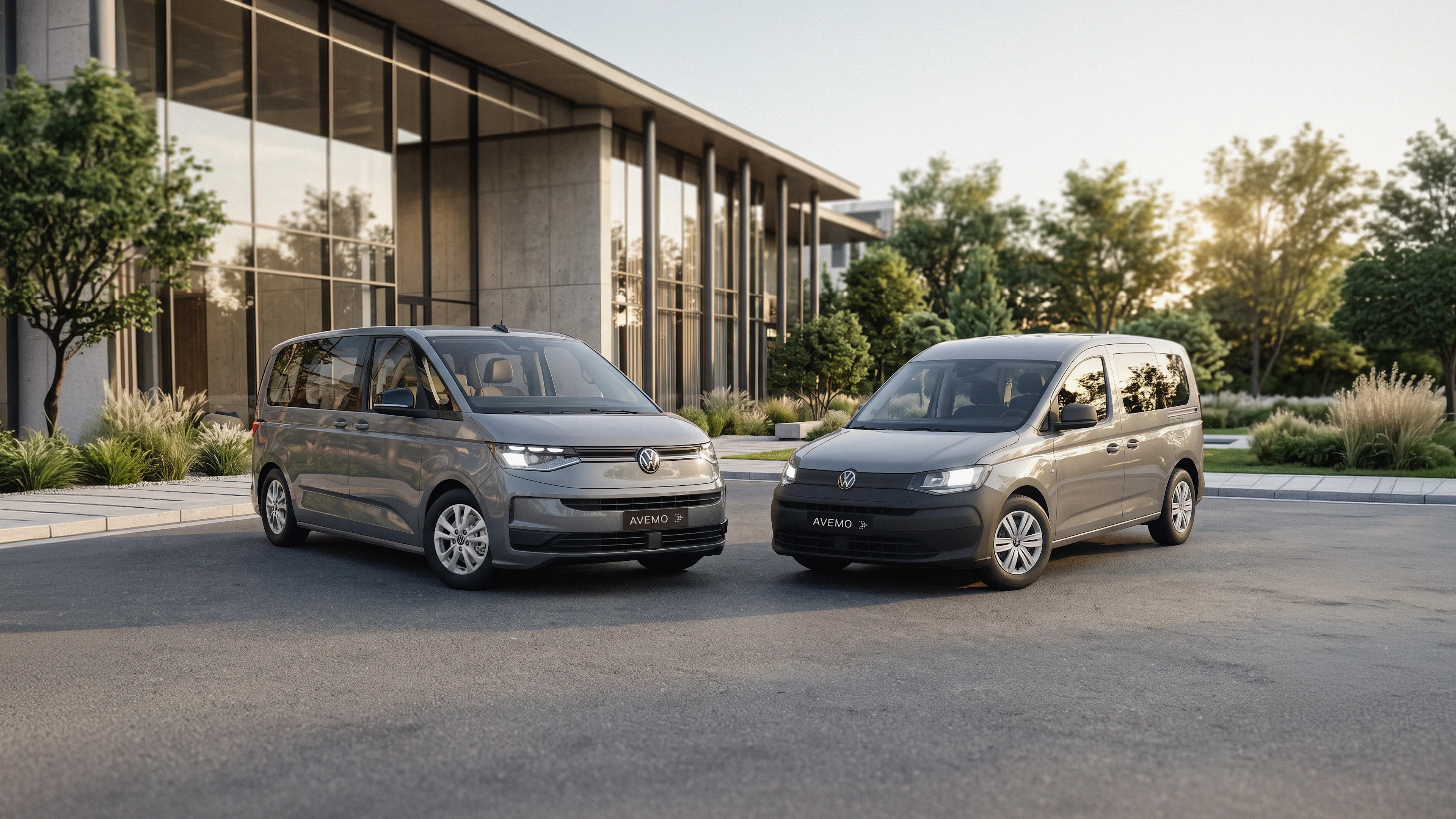 VW Multivan eHybrid und VW Caddy eHybrid vor modernem Gebäude