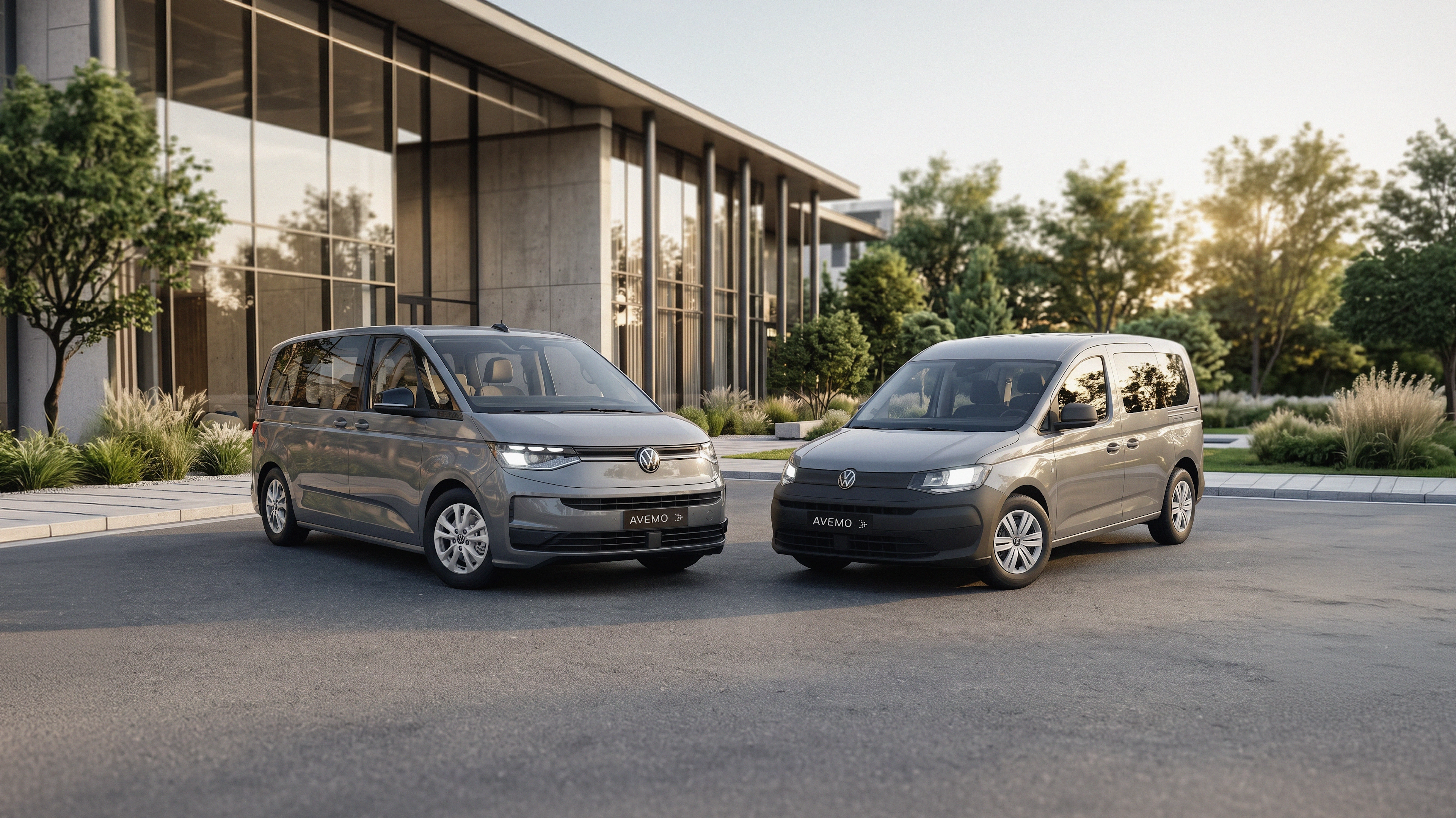 2026 website california VW Multivan eHybrid und VW Caddy eHybrid vor modernem Gebäude