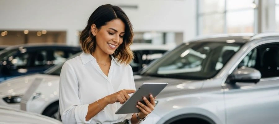 Eine lächelnde Verkaufsberaterin im Autohaus, die eine weiße Bluse trägt und ein Tablet bedient. Im Hintergrund sind unscharfe Neuwagen zu erkennen.