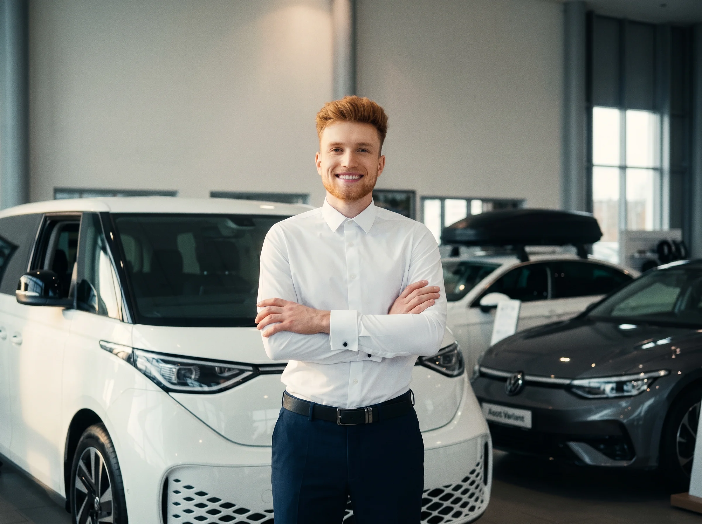 Verkaeufer NW Wiesbaden Ein junger, lächelnder Autoverkäufer mit rötlichem Haar steht mit verschränkten Armen in einem hellen Autohaus. Er trägt ein weißes Hemd und eine dunkle Hose. Im Hintergrund sind mehrere moderne Fahrzeuge, darunter ein weißer Van, zu sehen.