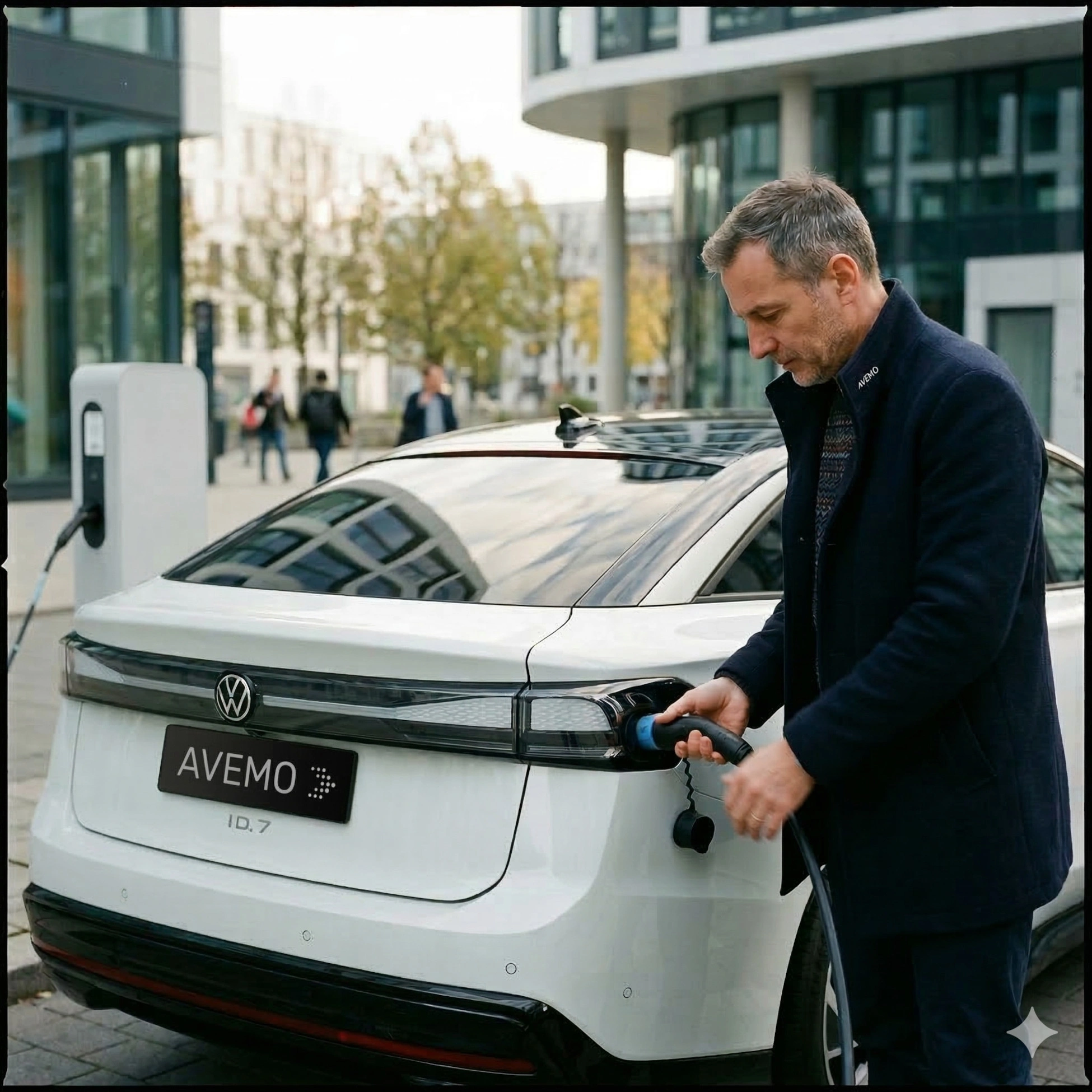 vw-id7-heckansicht-beim-tanken Ein Mann im dunklen Mantel steckt das Ladekabel in einen weißen Volkswagen ID.7 mit AVEMO-Kennzeichen. Das Elektroauto steht an einer Ladestation in einem modernen Stadtviertel mit Bürogebäuden im Hintergrund.