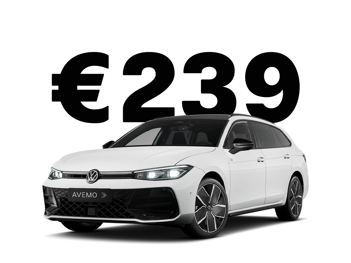 26-074 Volkswagen Passat Privat Eine Rendering-Grafik eines weißen Volkswagen Passat mit einer großen Leasingratenschrift im Hintergrund.