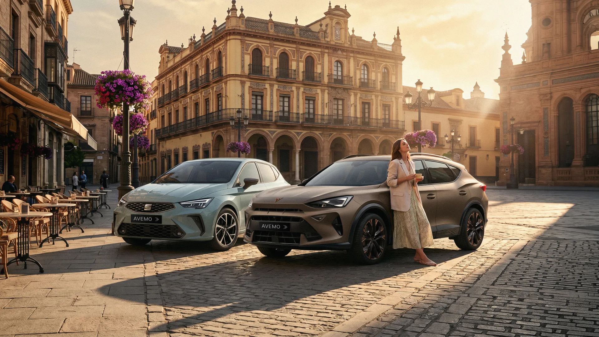 Ein modernes CUPRA und ein modernes SEAT -Fahrzeug stehen auf einem sonnigen Platz vor historischer Architektur; eine Frau lehnt entspannt an einem der Autos in einer mediterranen Altstadt.
