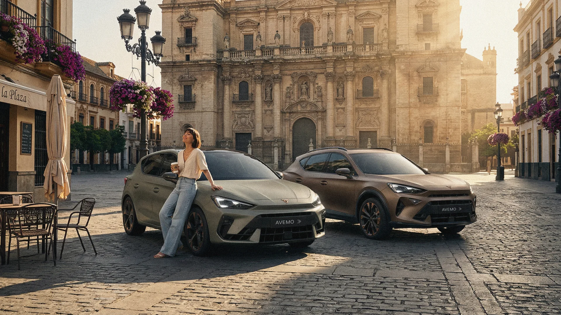 Zwei moderne CUPRA-Fahrzeuge stehen auf einem sonnigen Platz vor historischer Architektur; eine Frau lehnt entspannt an einem der Autos in einer mediterranen Altstadt.