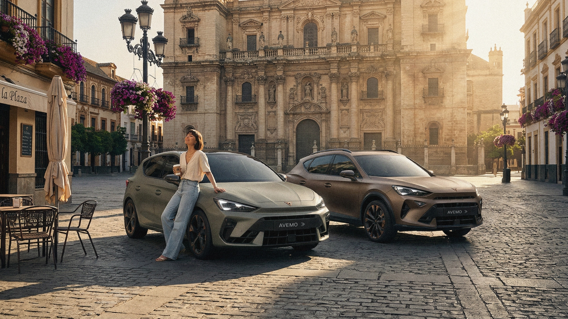 26-013 SEAT/CUPRA GW Aktion Frühlingserwachen | Header Zwei moderne CUPRA-Fahrzeuge stehen auf einem sonnigen Platz vor historischer Architektur; eine Frau lehnt entspannt an einem der Autos in einer mediterranen Altstadt.