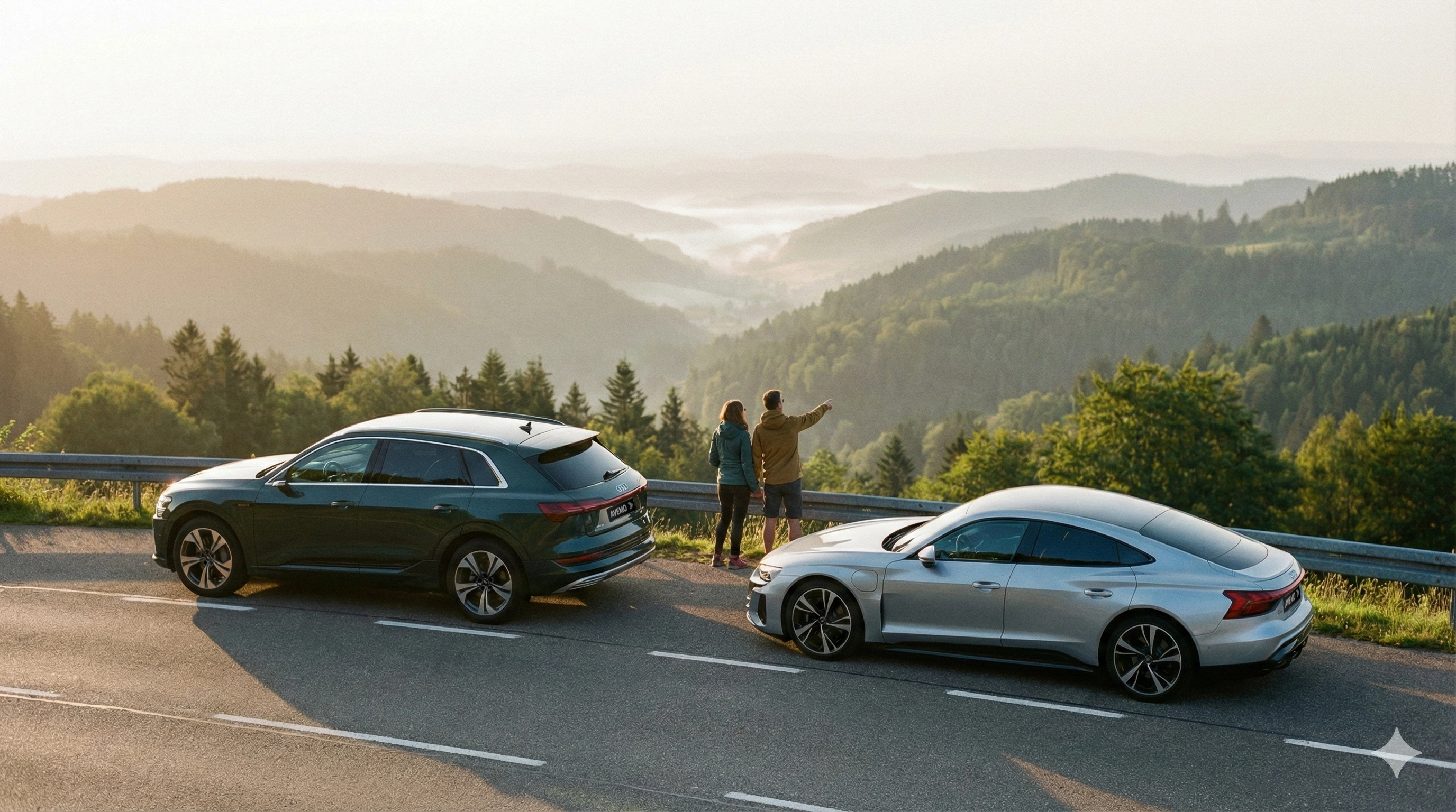 e-tron Sonderleasing Baden-Württemberg Ein dunkelgrüner Audi SUV und ein silberner Audi e-tron GT mit AVEMO-Kennzeichen am Straßenrand. Ein Paar blickt von einer Anhöhe auf eine weite, neblige Wald- und Hügellandschaft in Baden-Württemberg während des Sonnenaufgangs.