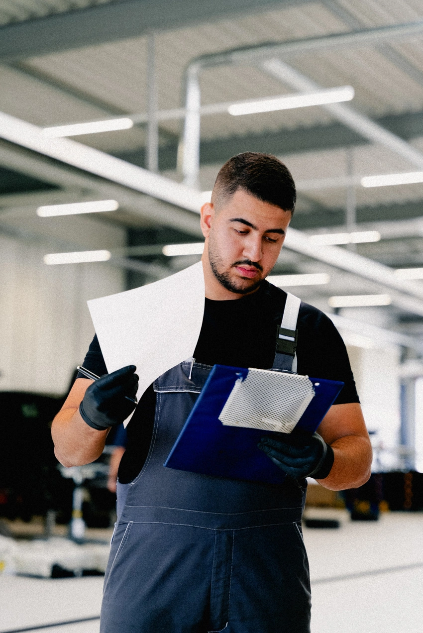 Werkstatt Klemmbrett m-4 Ein Mann steht in der Werkstatt des Autohauses. Er trägt einen blauen Overall und liest sich Dokumente auf einem Klemmbrett durch, die er in seiner Hand hält.