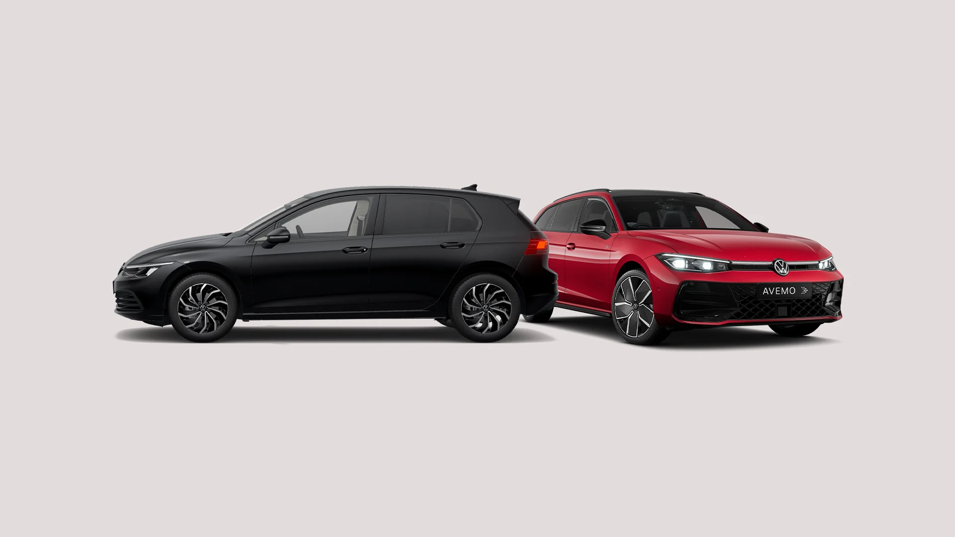 Eine Grafik, die zwei Volkswagen Fahrzeuge auf einem hellgrauen Hintergrund zeigt.