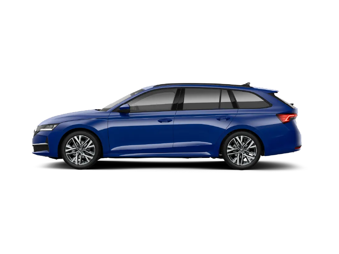 Seitenansicht eines dunkelblauen Skoda Octavia Combi auf schwarzem Hintergrund. Der Kombi ist im Profil dargestellt und zeigt seine elegante Linienführung, silberne Alufelgen sowie die markanten LED-Rückleuchten.