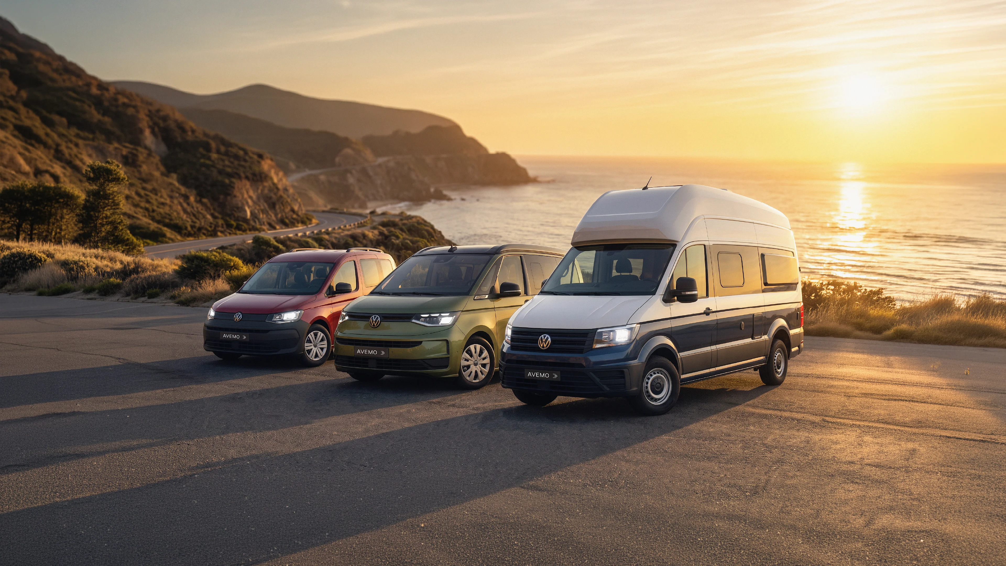 VW Caddy California, California und Grand California an einer Küstenstraße bei Sonnenuntergang