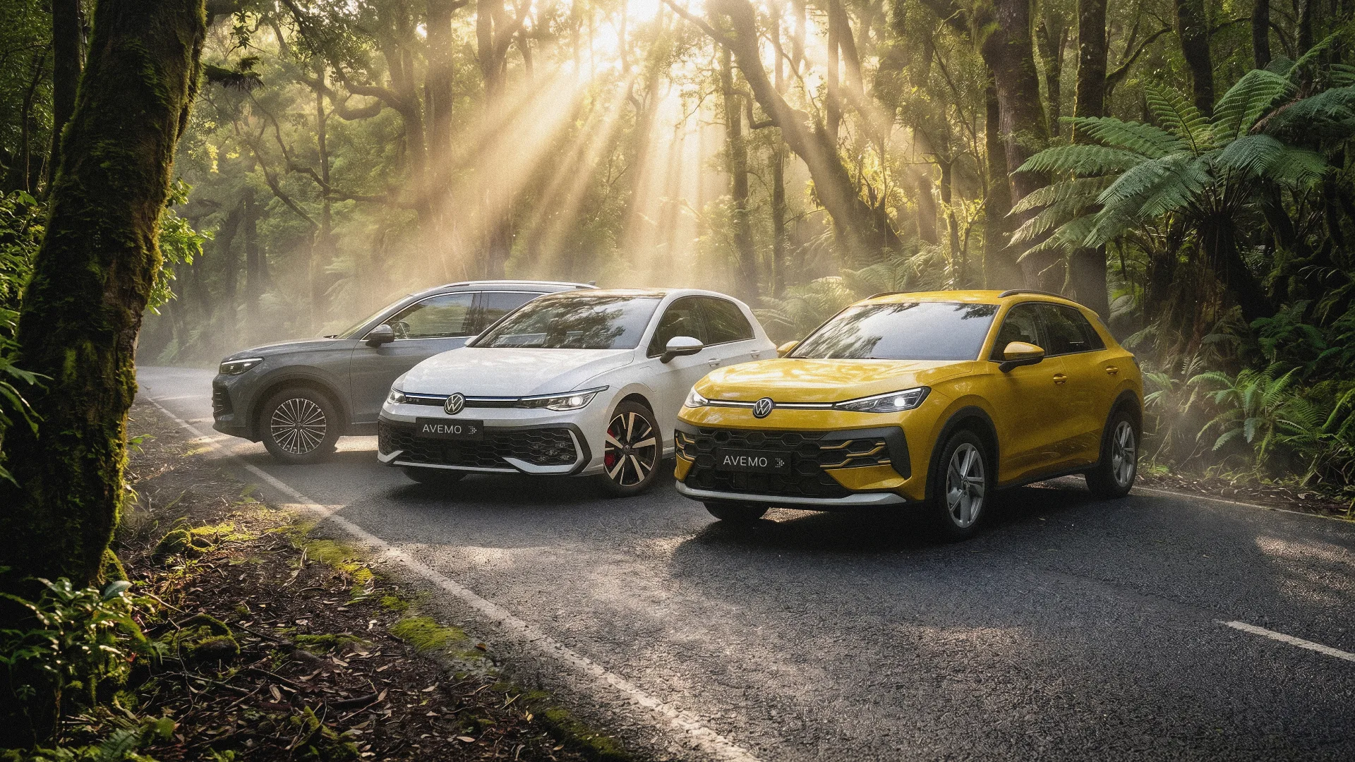 Drei Volkswagen-Modelle – ein grauer SUV, ein weißer Kompaktwagen und ein gelber Crossover – stehen auf einer von Farnen gesäumten Straße im mystischen Nebelwald. Sonnenstrahlen dringen dramatisch durch das dichte Baumdach.