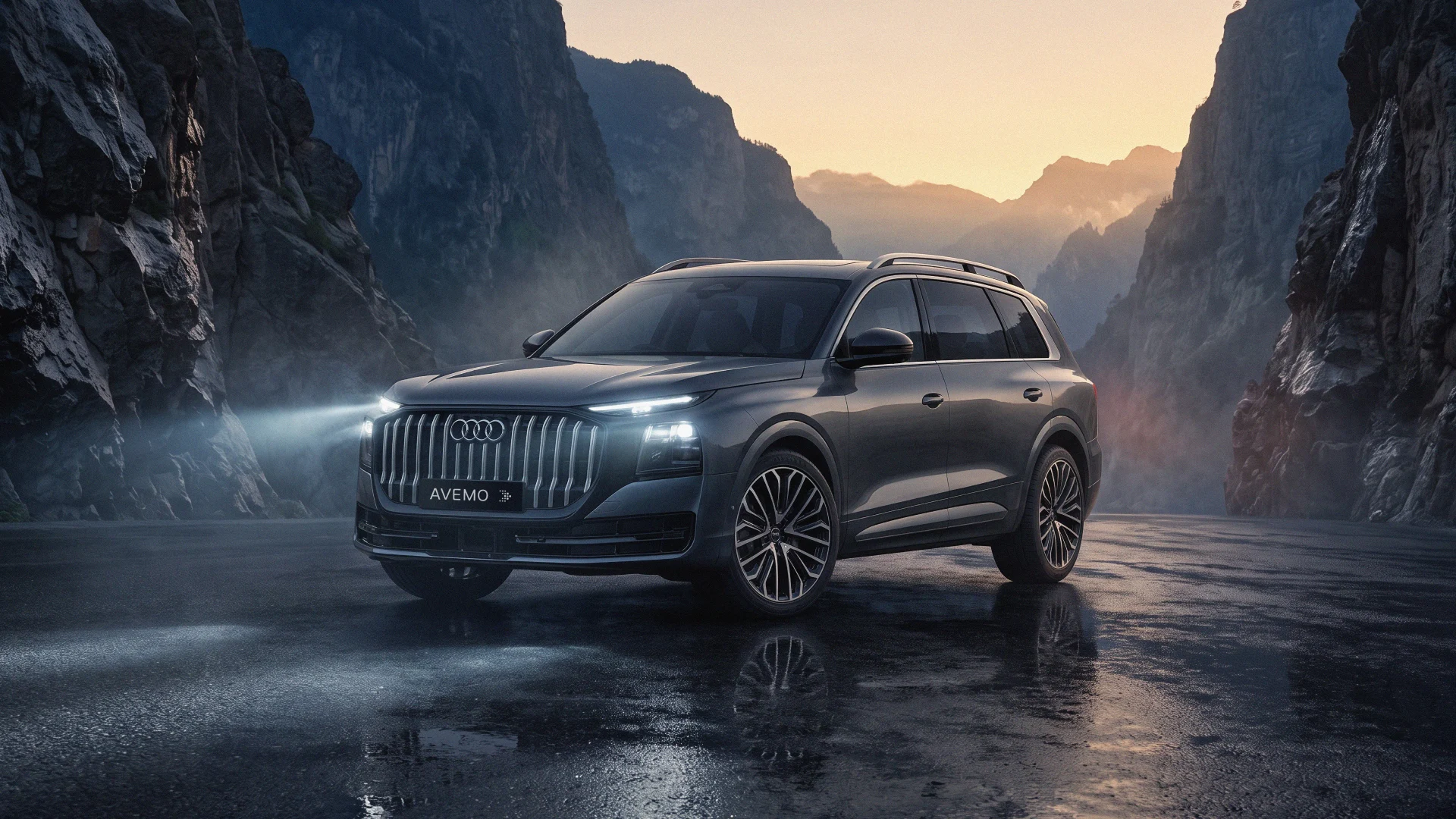 Der neue Audi Q9 vor einer Bergschlucht 