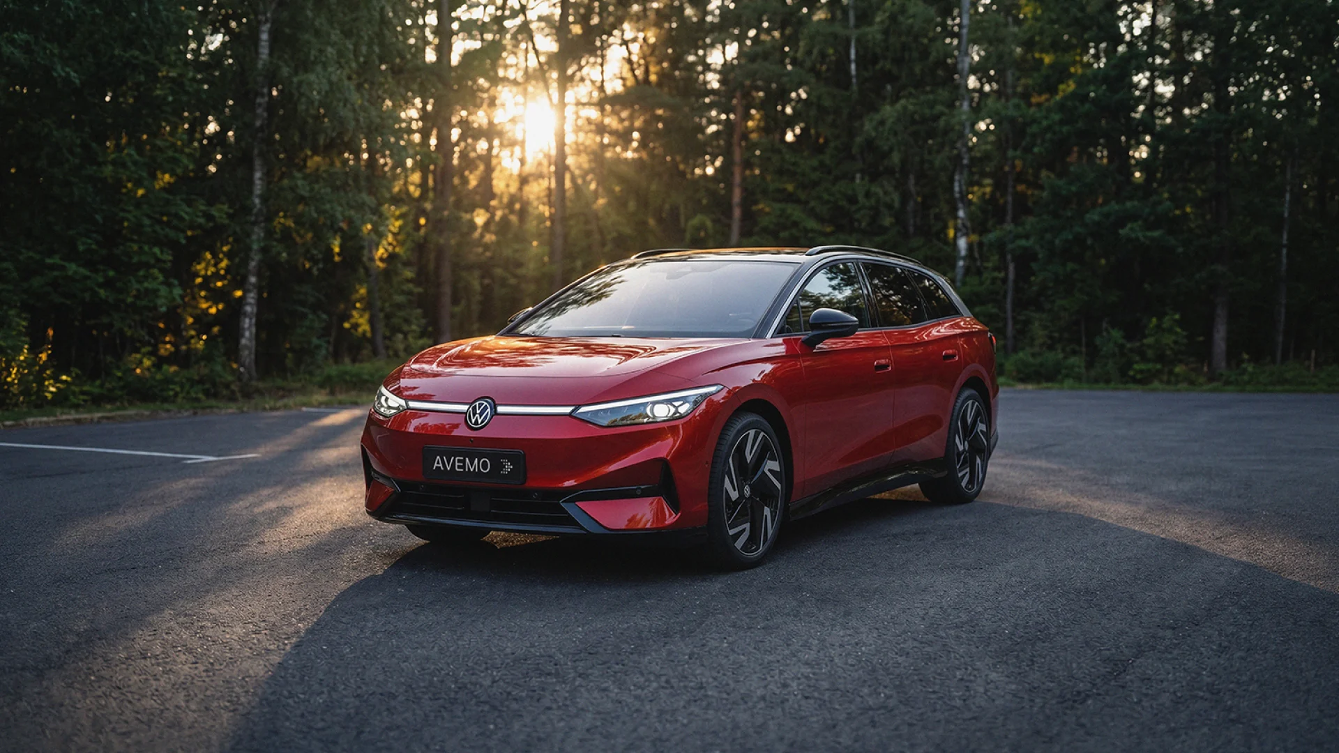 Ein roter Volkswagen ID.7 Tourer parkt auf einem Platz vor einer bewaldeten Kulisse im tief stehenden Sonnenlicht.