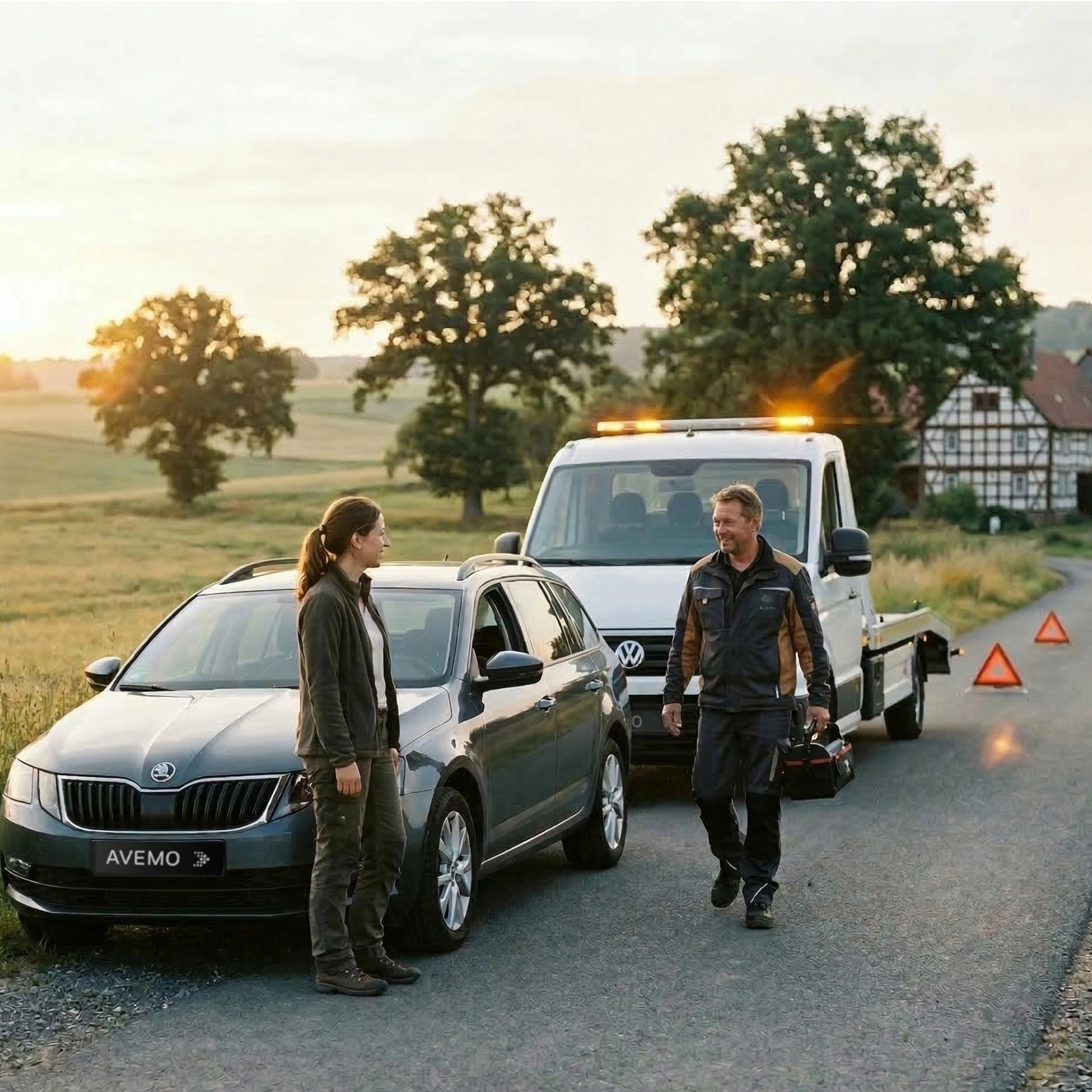 abschleppdienst Eine Frau steht bei Sonnenuntergang neben ihrem grauen Škoda an einer Landstraße. Ein Mechaniker mit Werkzeugtasche kommt ihr lächelnd von einem weißen VW-Abschleppwagen mit eingeschaltetem Gelblicht entgegen. Warndreiecke sichern die Pannenstelle ab.